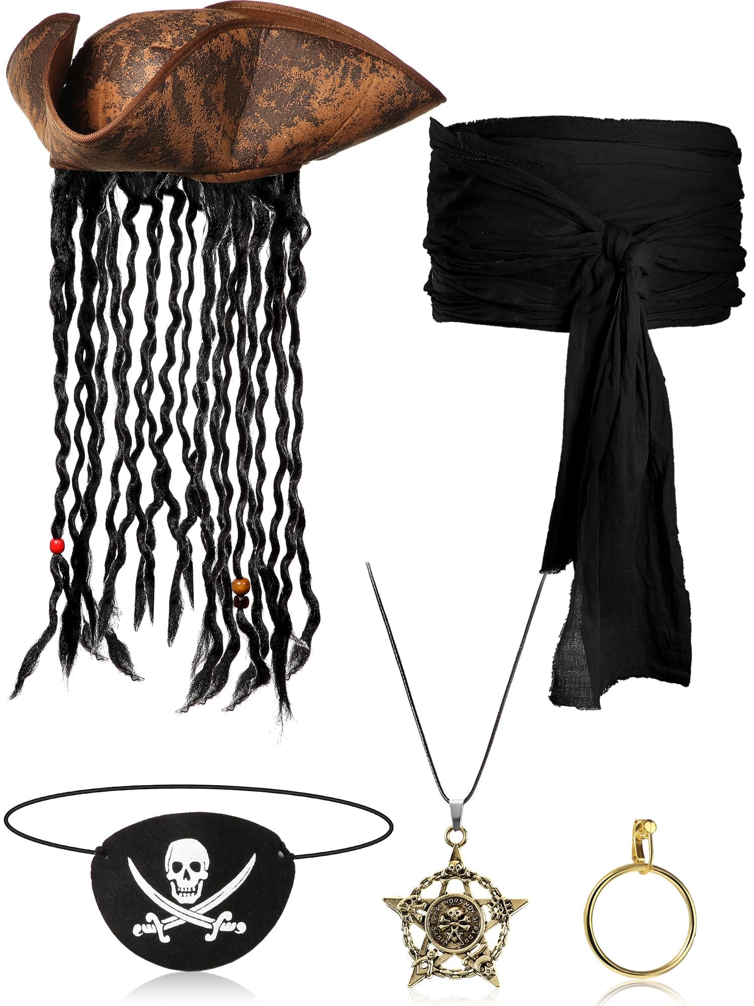 Sintege5 Pieces Halloween Pirate Costume Set, Pirate Hat with Dreadlocks Earrings Skull Necklace Eye Patch Large Sash for Men Women
