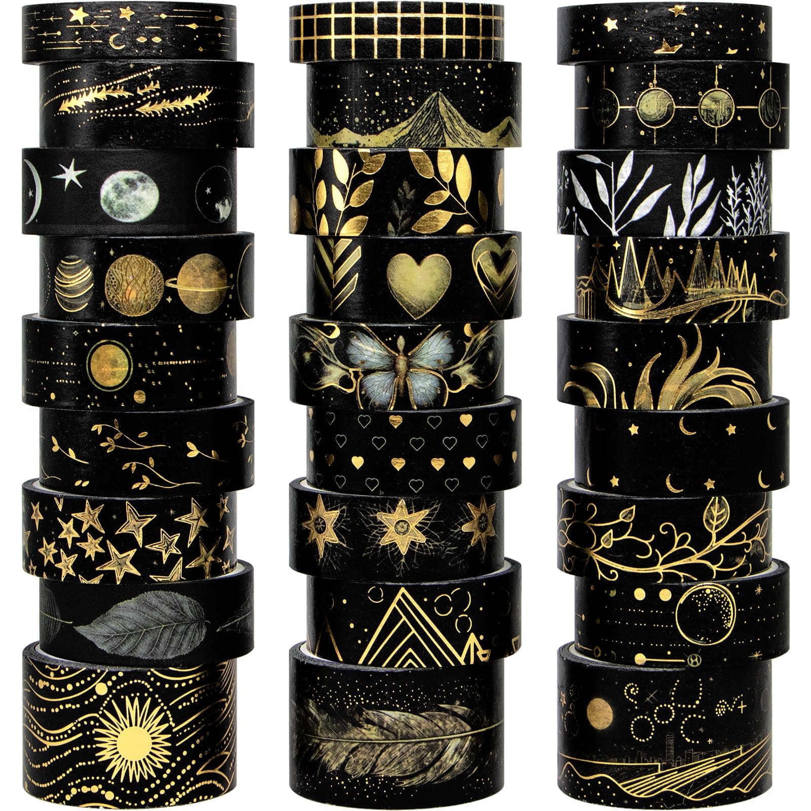 Black Washi Tape Set, 27 Rolls Black Gold Foil Decorative Masking Tape for Bullet Journaling, Scrapbooking Supplies, Watercolor Painting