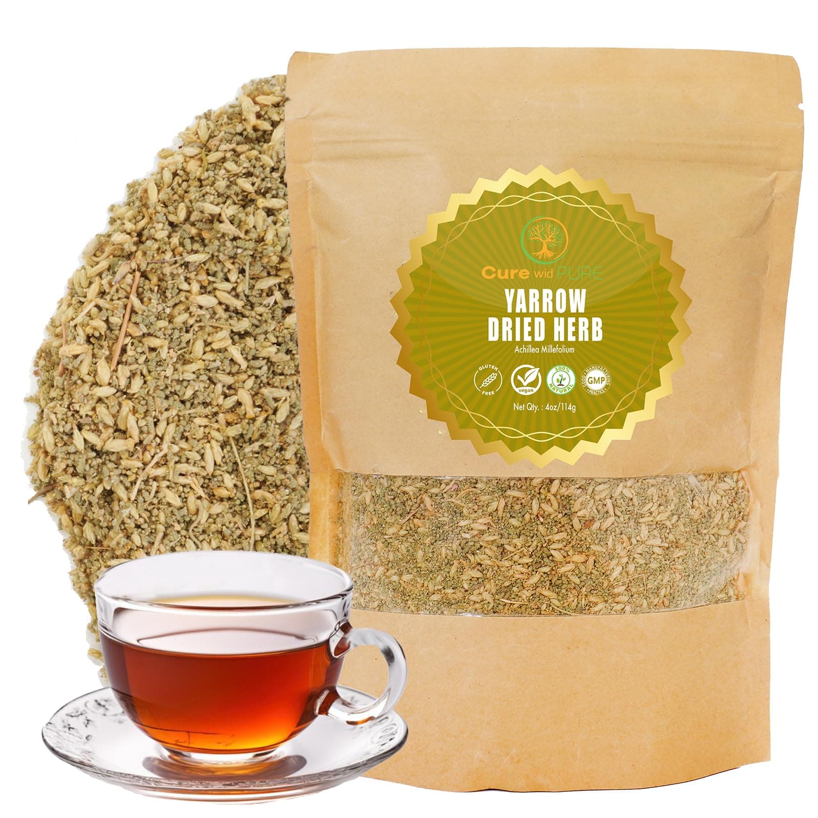 Cure wid Pure Organic Dried Yarrow Herb - 4 oz Non-GMO Cut & Sifted Yarrow Flower - Organic Yarrow Tea for Wellbeing