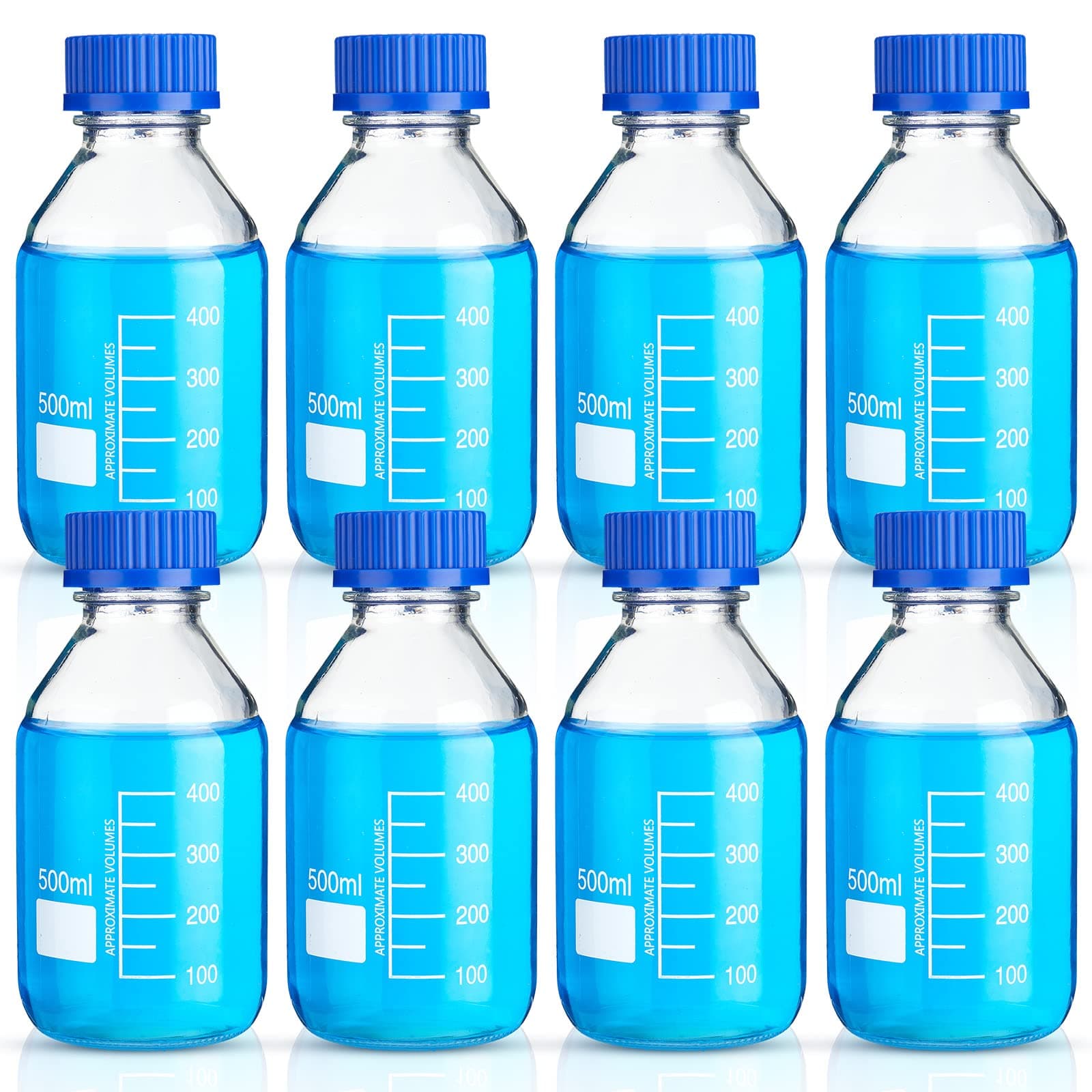 Media Storage Bottles Borosilicate Storage Glass Scientific Round Graduated Media Bottle with Blue Gl45 Screw Cap for Lab Water Reagent Liquids(500 ml,8 Pcs)