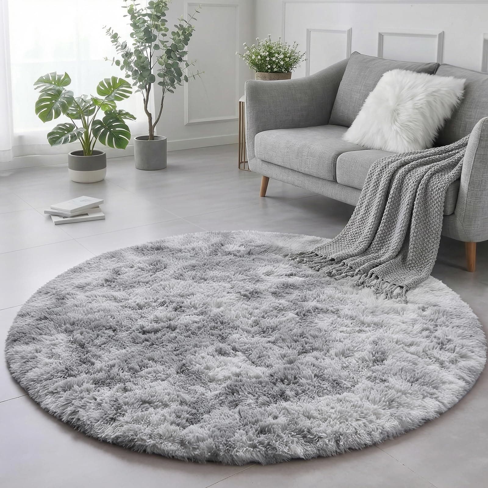 Amdrebio Tie-Dye Light Grey Round Circle Area Rugs 5Ft for Living Room Bedroom, Soft Fluffy Fuzzy Shag Rug for Kids Room Home Office, Furry Plush Indoor Floor Shaggy Gray Carpet for Baby Nursery Dorm