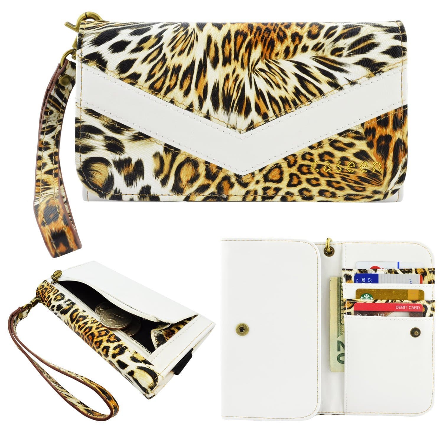 caseen ViVi Women's Smartphone Wallet Clutch Wristlet Case (Leopard/White) for HTC One remix, Desire 612, KYOCERA Brigadier, Nokia Lumia 928, Blackberry Q10, Z10, Z30, Bold 9930, LG Enact, Lucid 3, Samsung ATIV SE