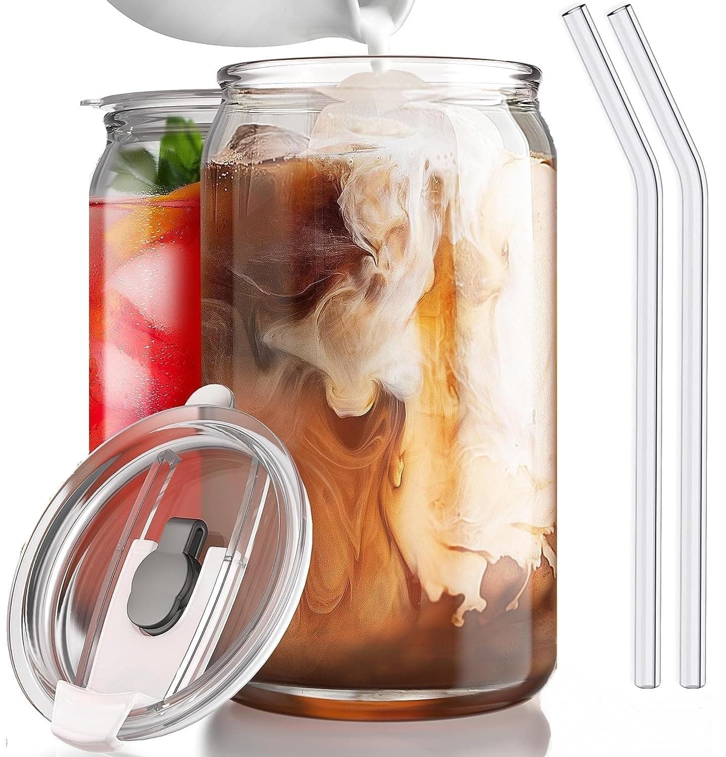 AVNISH Can with Straw, Transparent Glass Fruit Juice Milk Sipper Tumbler Mug with Lid and Glass Straw - 540ml - Pack of 2 - Tea and Coffee Cup Can Set