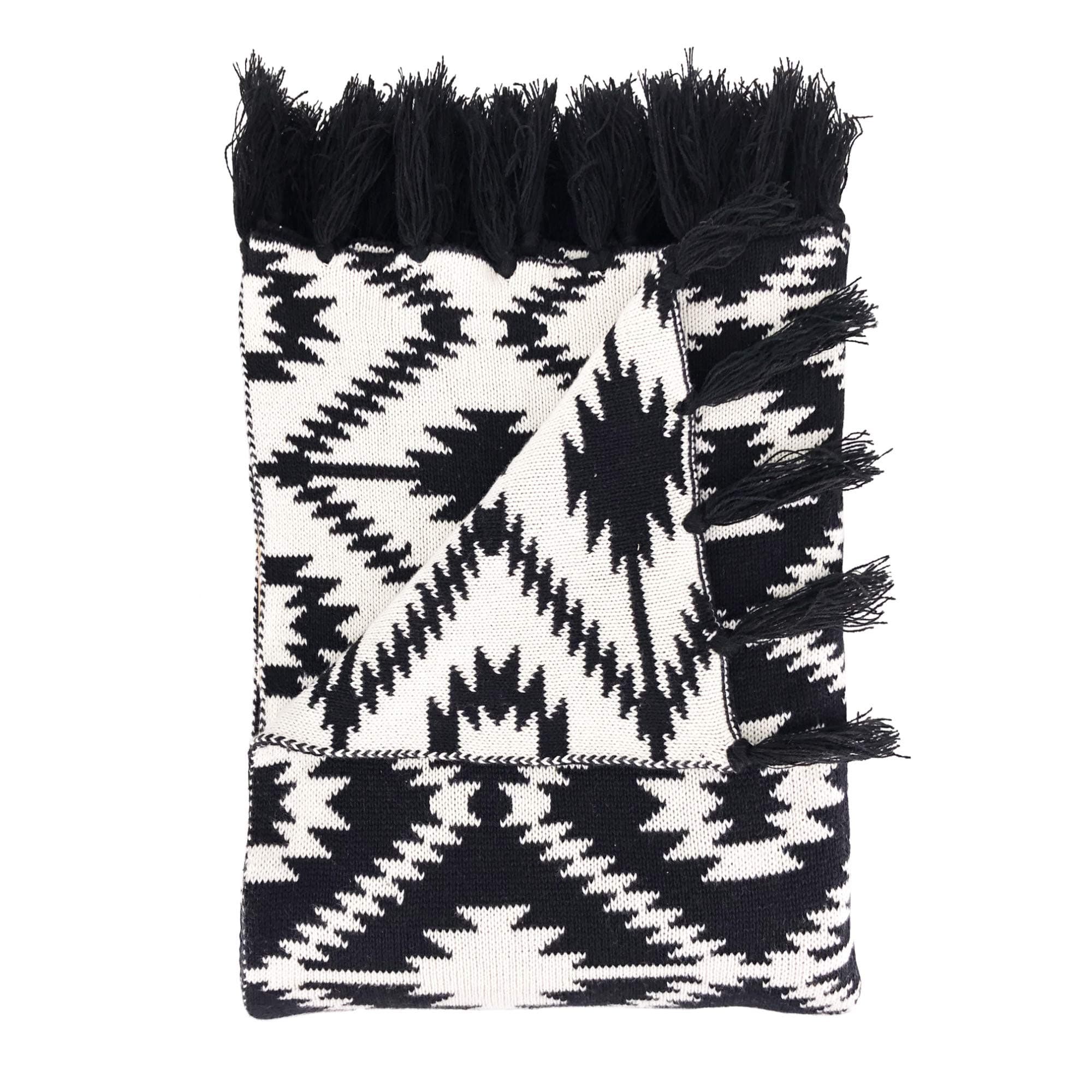 Snugtown 100% Cotton Cable Knit Double Layer Warm Cozy Throw Blanket, Tribal Aztec Pattern Home Decorative Blanket Throw with Tassels for Couch Chairs Bed, Black and White, 50 x 60 Inches