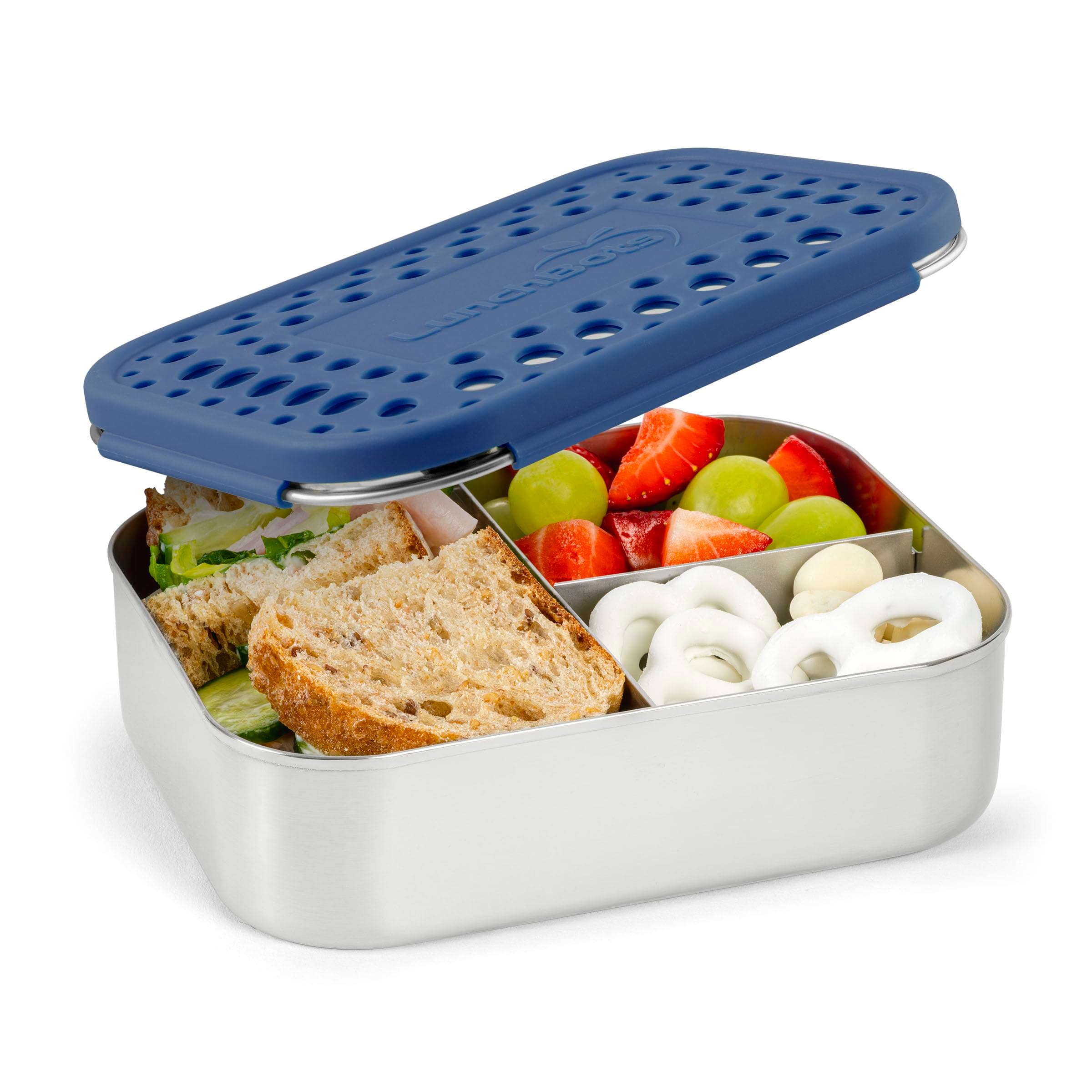 LunchBots Medium Trio II Snack Container - Divided Stainless Steel Food Container - Three Sections for Snacks On the Go - Eco-Friendly, Dishwasher Safe, BPA-Free - Stainless Lid - Blue Dots