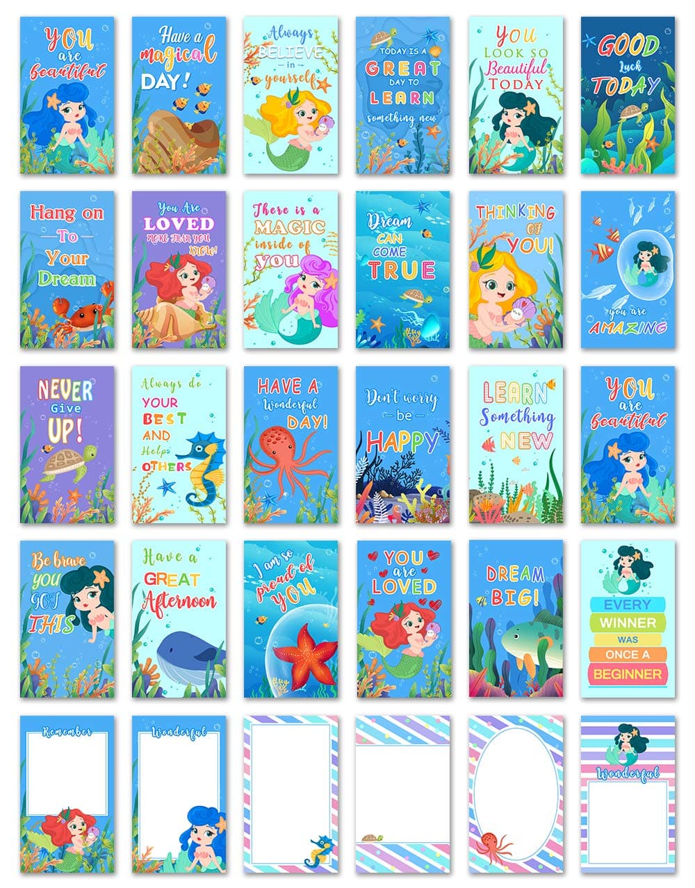 30 Mermaid School Lunch Box Notes For Kids, Inspirational Motivational Cards Boys Girls From Mom, Encouraging Student Children Teens, Thinking of You Positive Affirmation Encouragement Lol Fun Love