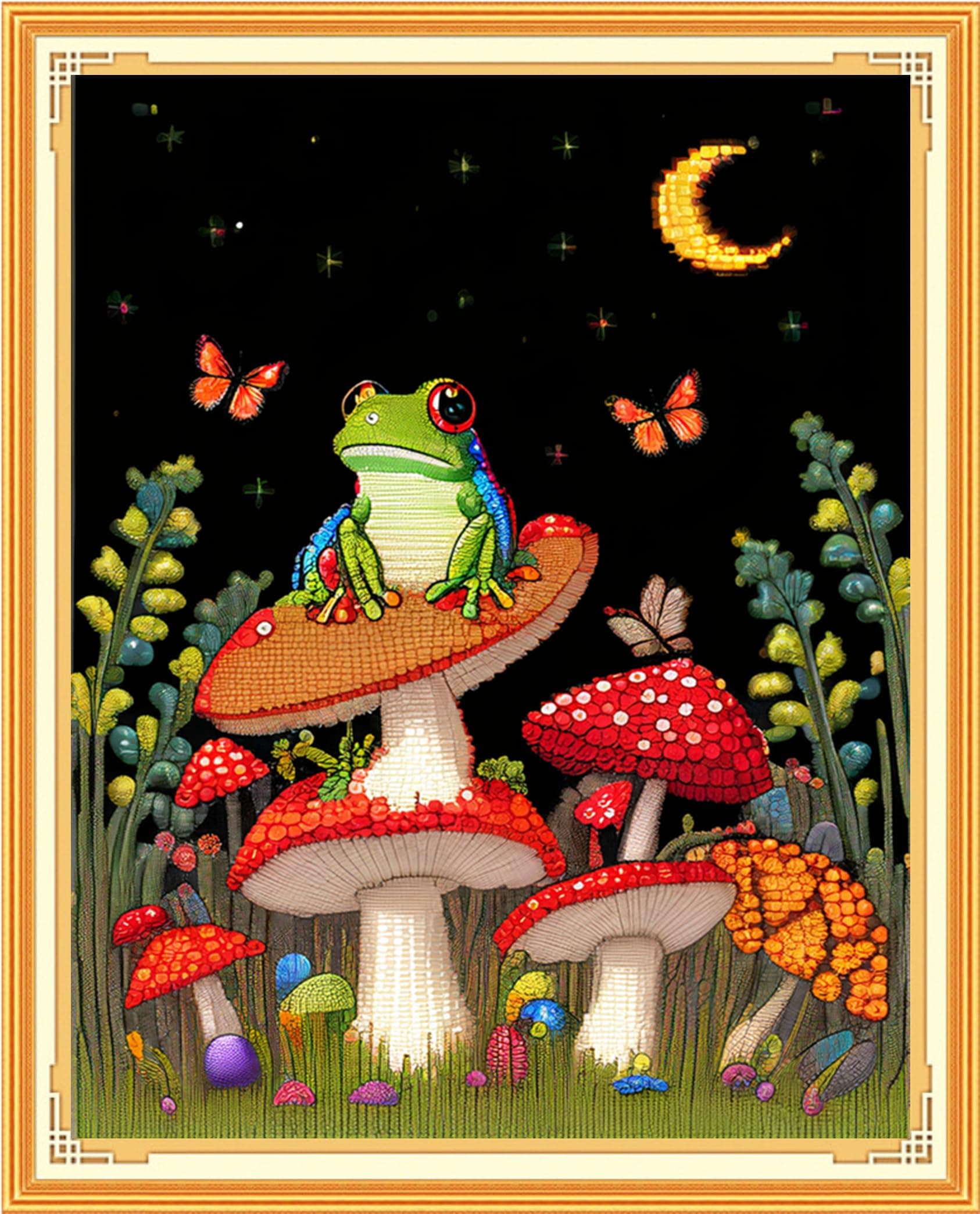 Findvoor Stamped Cross Stitch Kits for Beginners Full Range of Cross Stitching Embroidery Pattern for Adults, 11CT DIY Needlepoint Embroidery Starter Kits-Frog Mushroom 15.7x19.7 inch