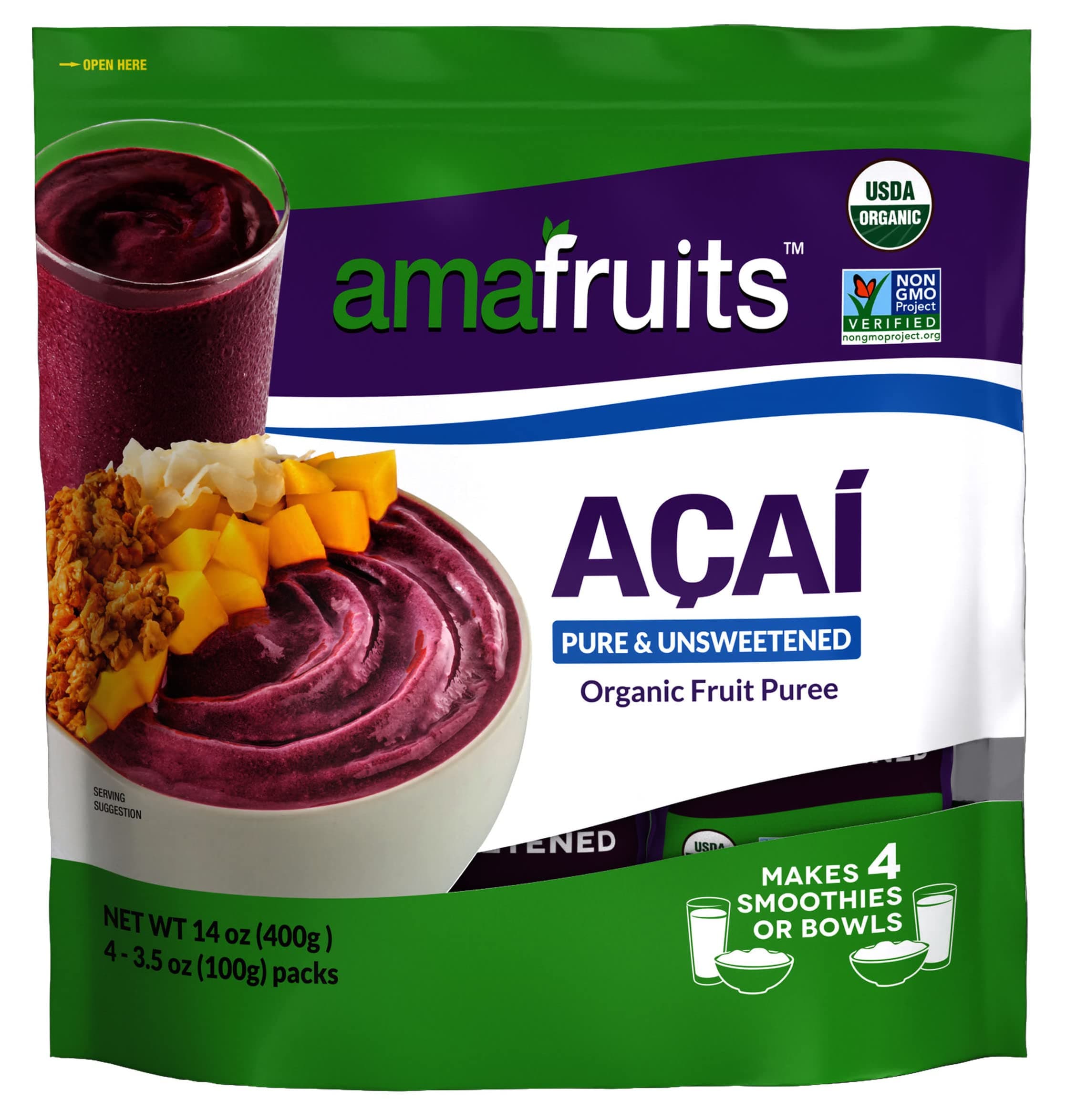 Amafruits Acai Berry Frozen Puree Pure and Unsweetened Smoothie and Bowl Packs | USDA Organic | Non-GMO Certified | Zero Sugar | Antioxidant Rich Superfruit | 72 Packs x 3.5oz