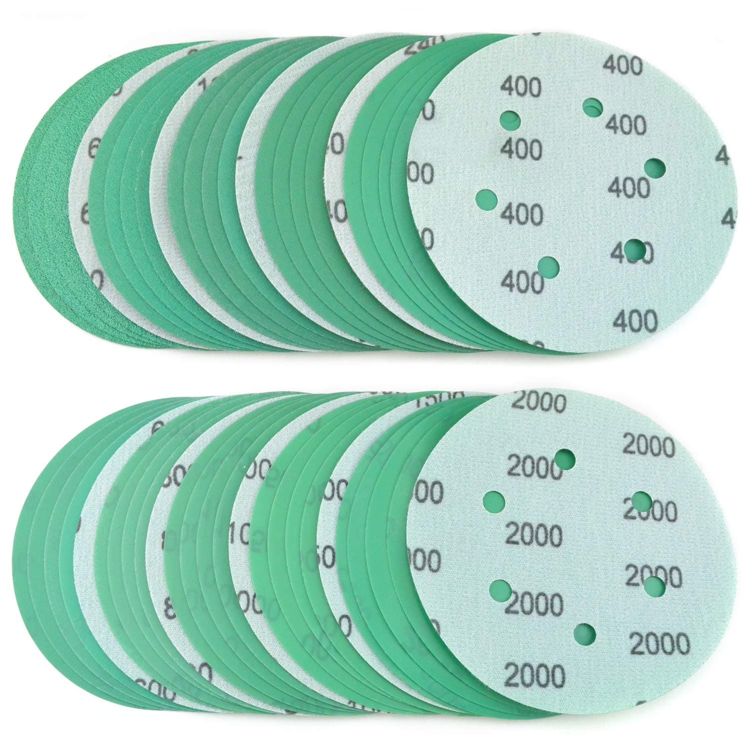 50PCS 6 Inch 6 Hole Wet Dry Sanding Discs Hook and Loop Assortment Grit 60 120 150 240 400 600 800 1000 1500 2000(5 of each) Green Film Dustless Sander Sandpaper for Metal Car Boat Polishing Finishing
