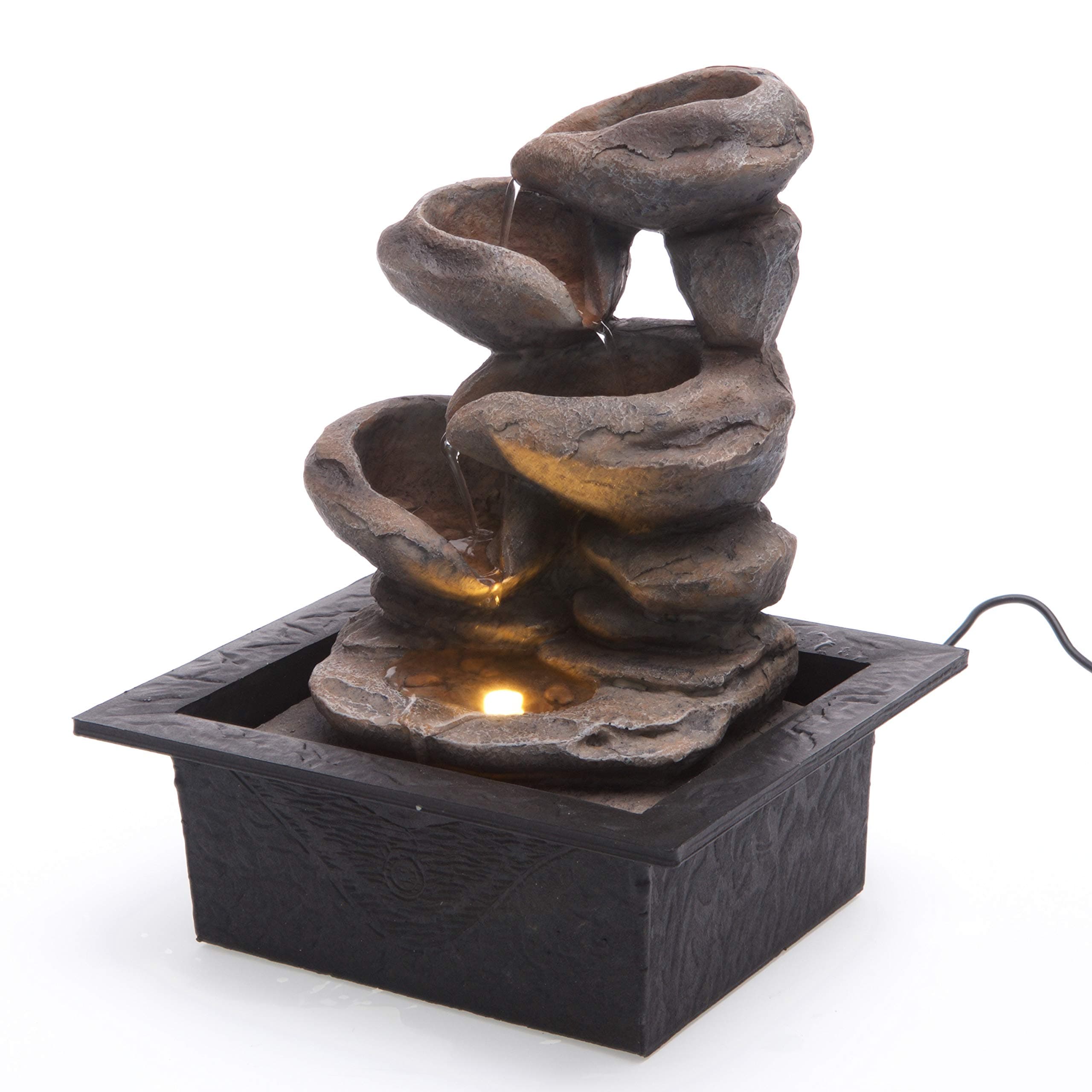 Cascading Stone Bowls Spring Indoor Water Fountain with LED Light | Size 21 * 17.5 * 25 Cm | 3 Pin UK Plug Included |