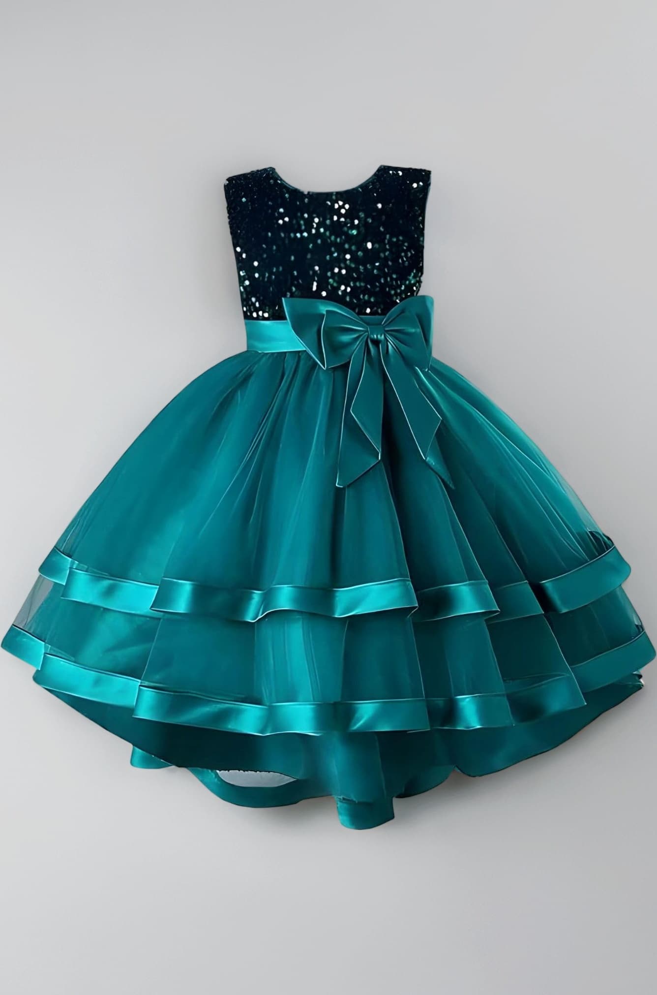 Embroidery Sequence Baby Frock for Kid Girls with Sleeveless Bow Surface Styling and Round Neck | Frock for Baby Girl