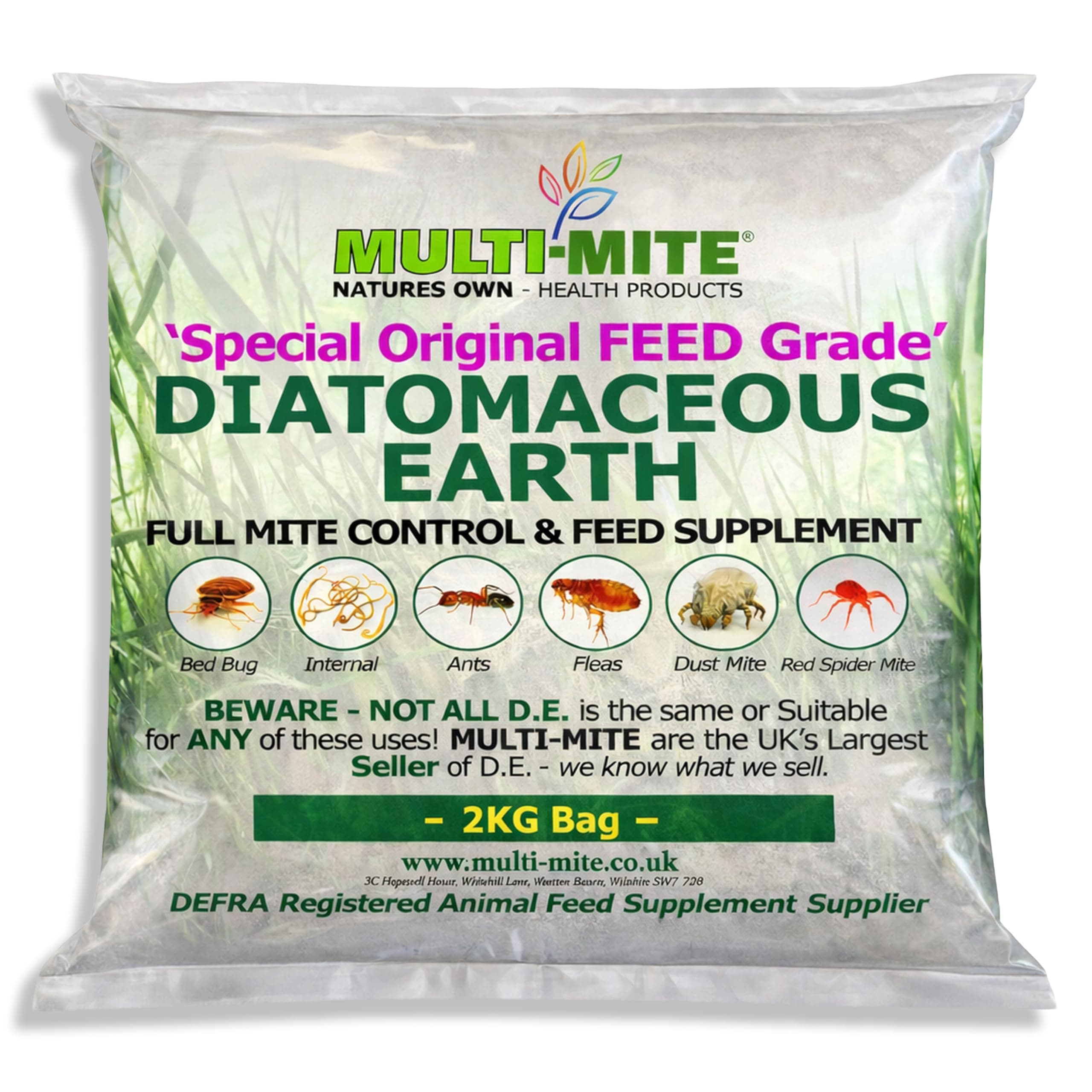 Multi-Mite 2KG DIATOMACEOUS EARTH Feed Supplement DE Powder - 100% Natural Insect Mite Treatment - Red Mite Fleas and All Animal Lice Control Powder