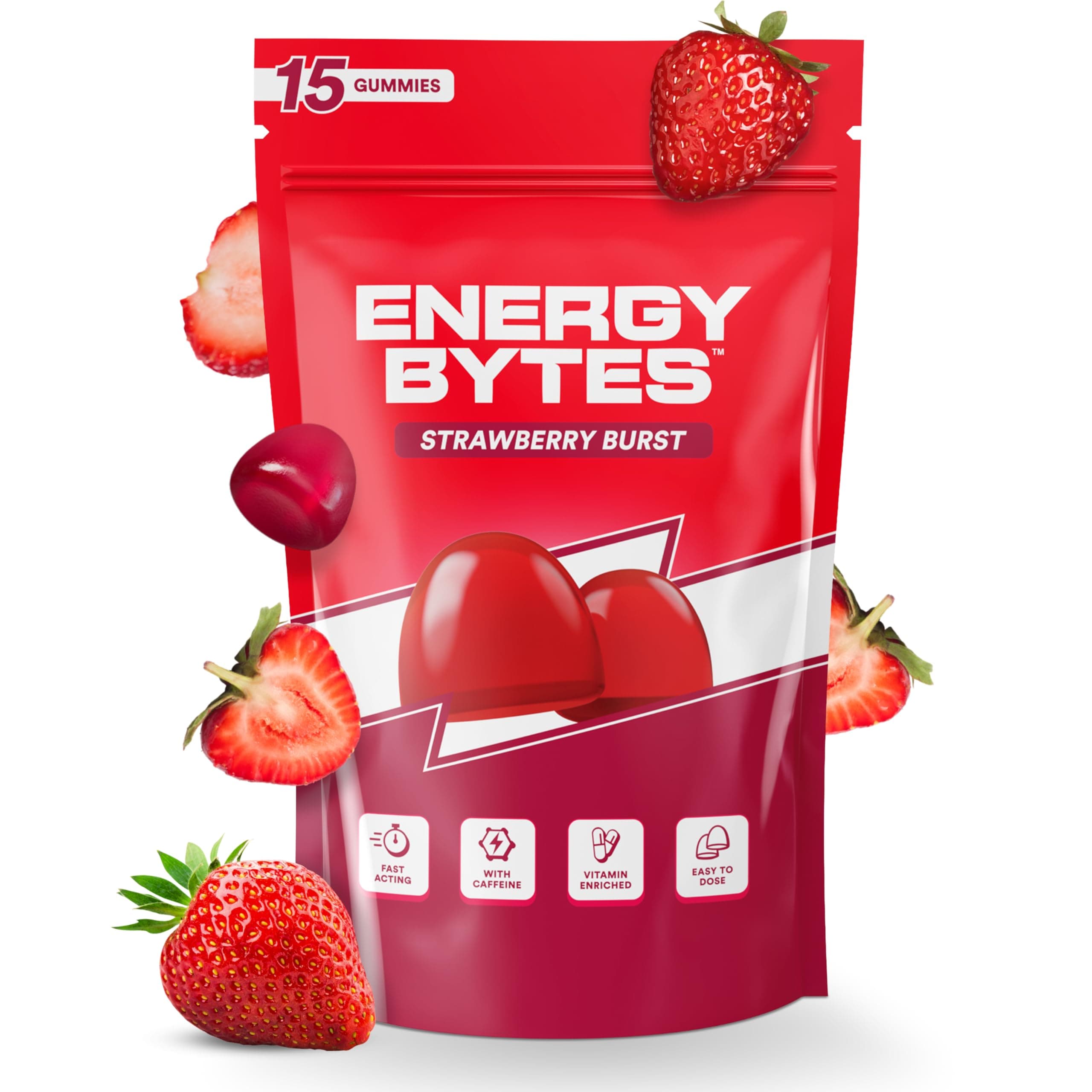 Energy Bytes Caffeine Energy Gummies - Fast, Delicious Boost for Focus & Productivity - Superior to Energy Drinks, Gels, Chews - Vegan, Low Sugar, with Vitamins A, D, B3, B6 & B12 | 15 Count