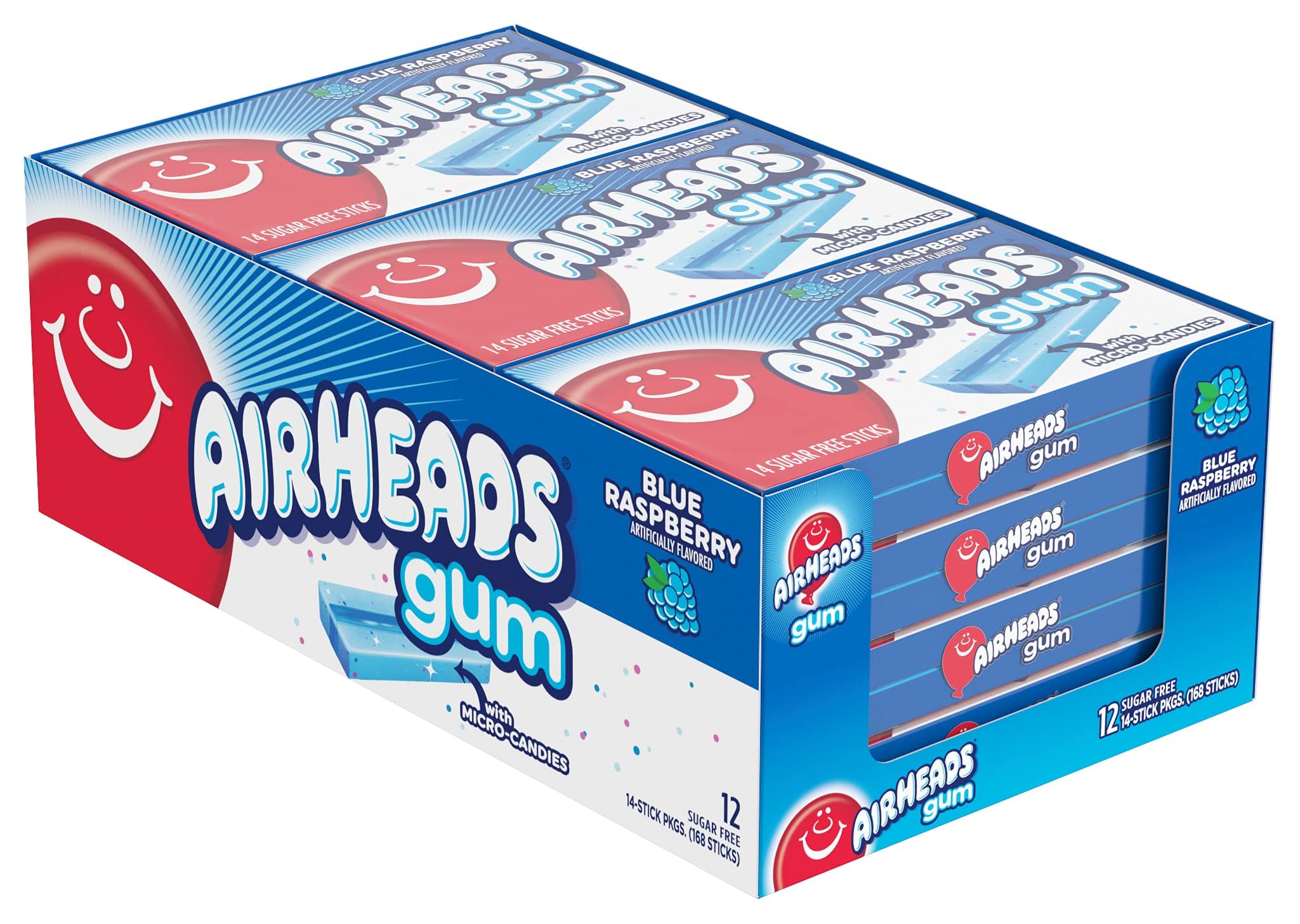 Airheads Chewing Gum, Blue Raspberry Flavor, Easter Basket Essentials Stuffers for Kids and Adults, Sugar Free Gum with Micro-Candies, 14 Sticks (12-Pack)