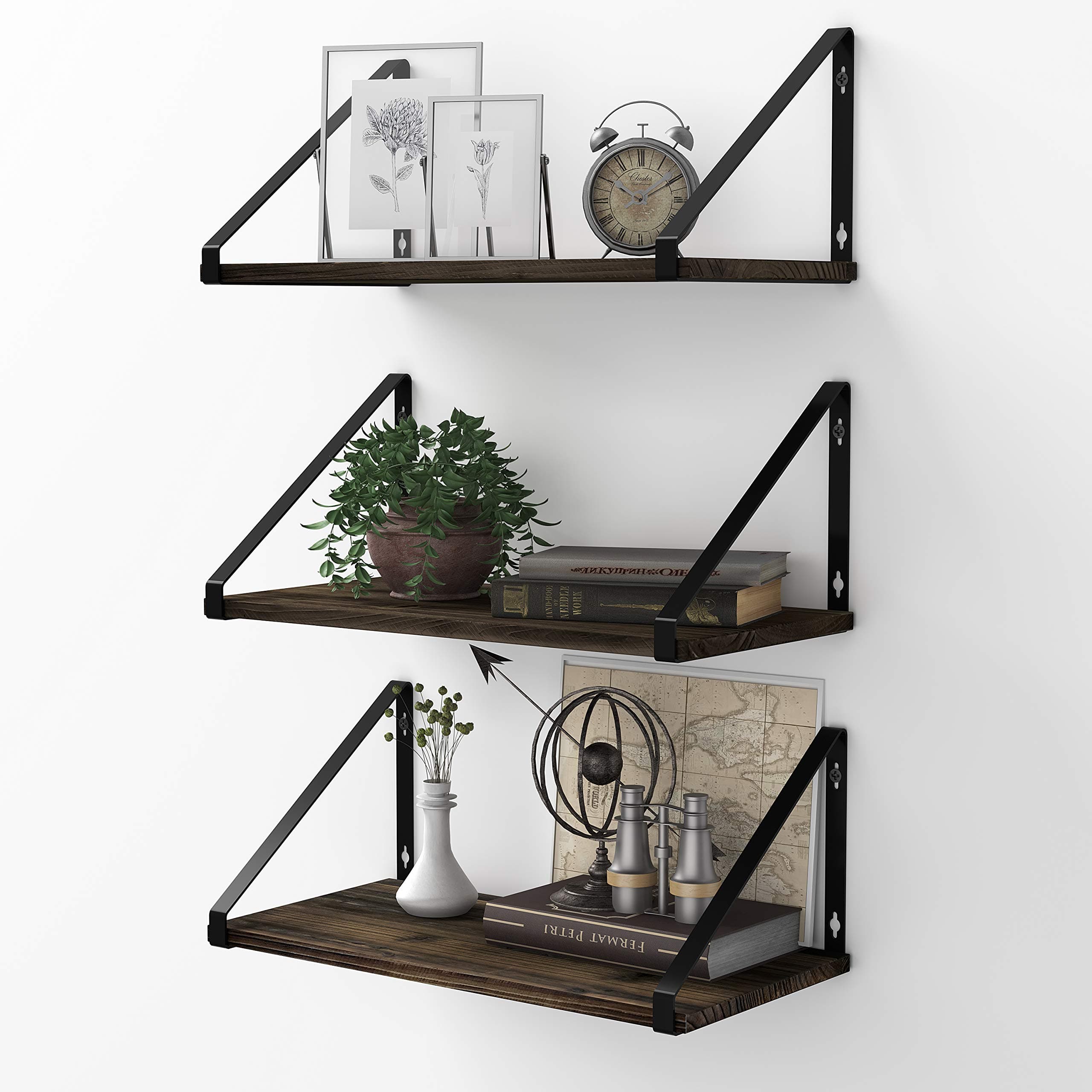 BAMEOS Floating Shelves Rustic Wood Wall Shelf Set of 3, Small Bookshelf for Living Room, Office, and Bedroom, with Metal Bracket