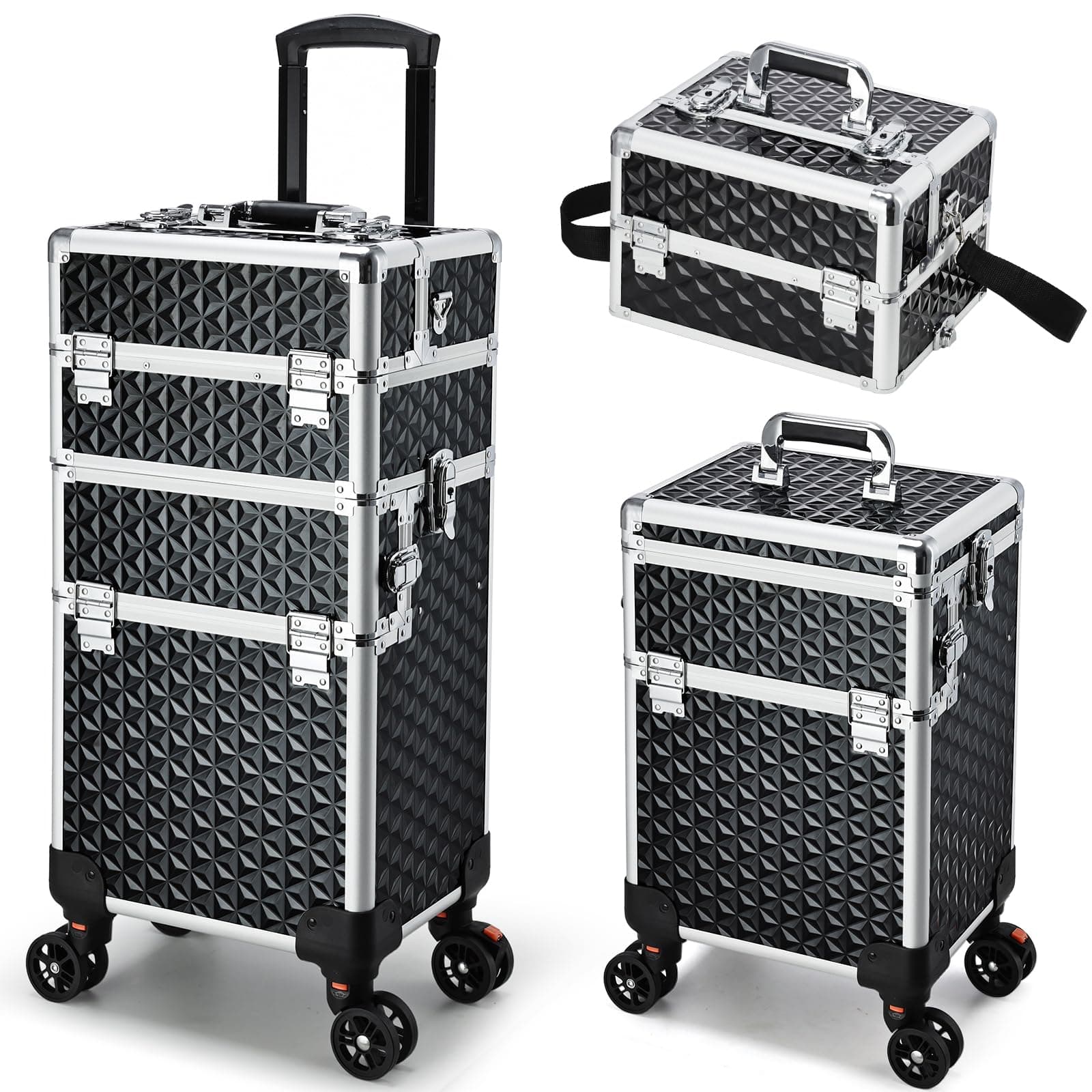 Professional Rolling Makeup Case, 3 in 1 Makeup Train Case, Cosmetology Case on Wheels, Large Makeup Trolley Salon Barber Traveling Trunk Suitcase for Makeup School Nail Tech Hairstylist MUA, Black