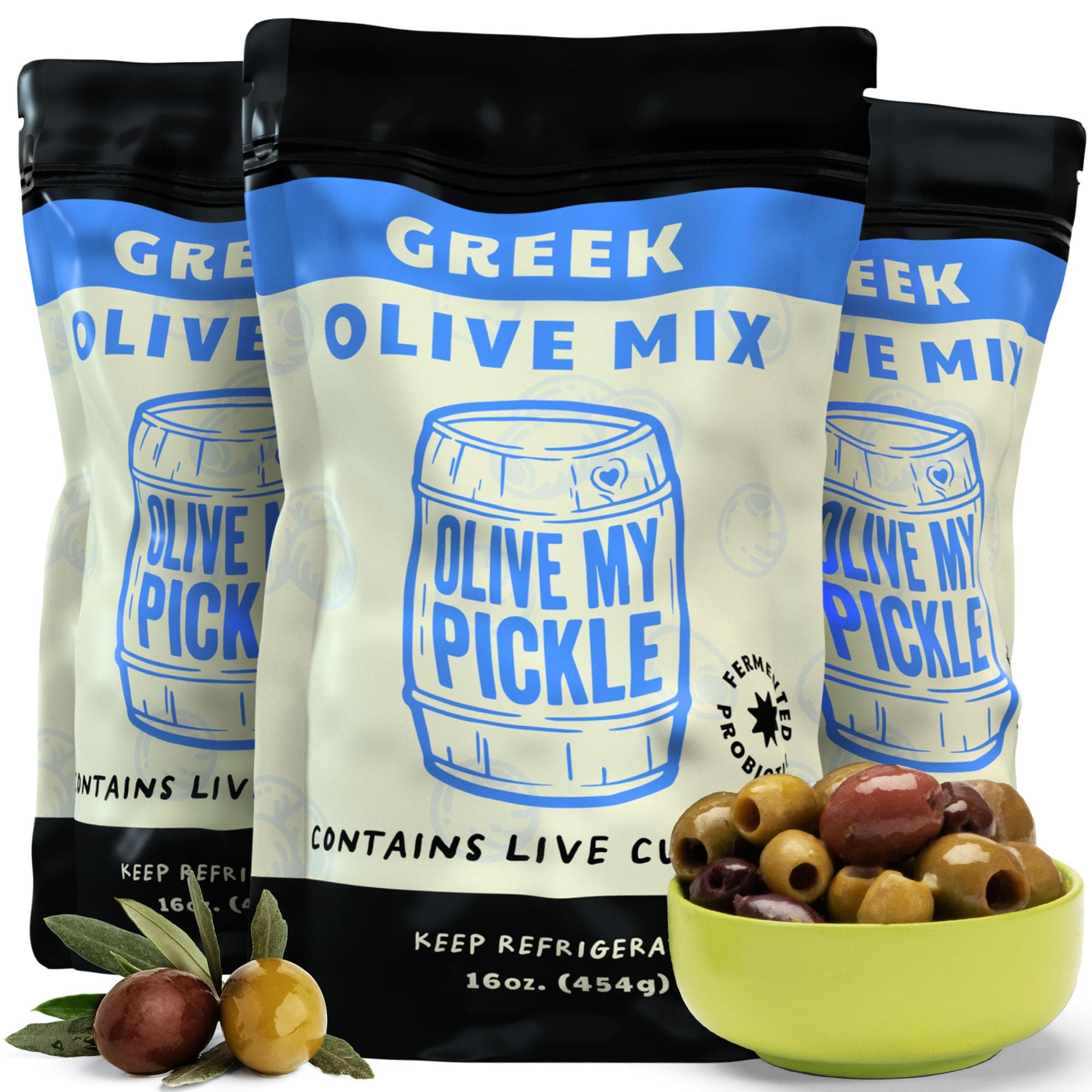 - Olive My Pickle Probiotic Greek Olives Mixed - 48 oz | 3 Pack of Live Culture Greek Mixed Olives with Kalamata for Gut Health | Olive Mix Perfect Snack for Paleo, Keto - 16oz per bag