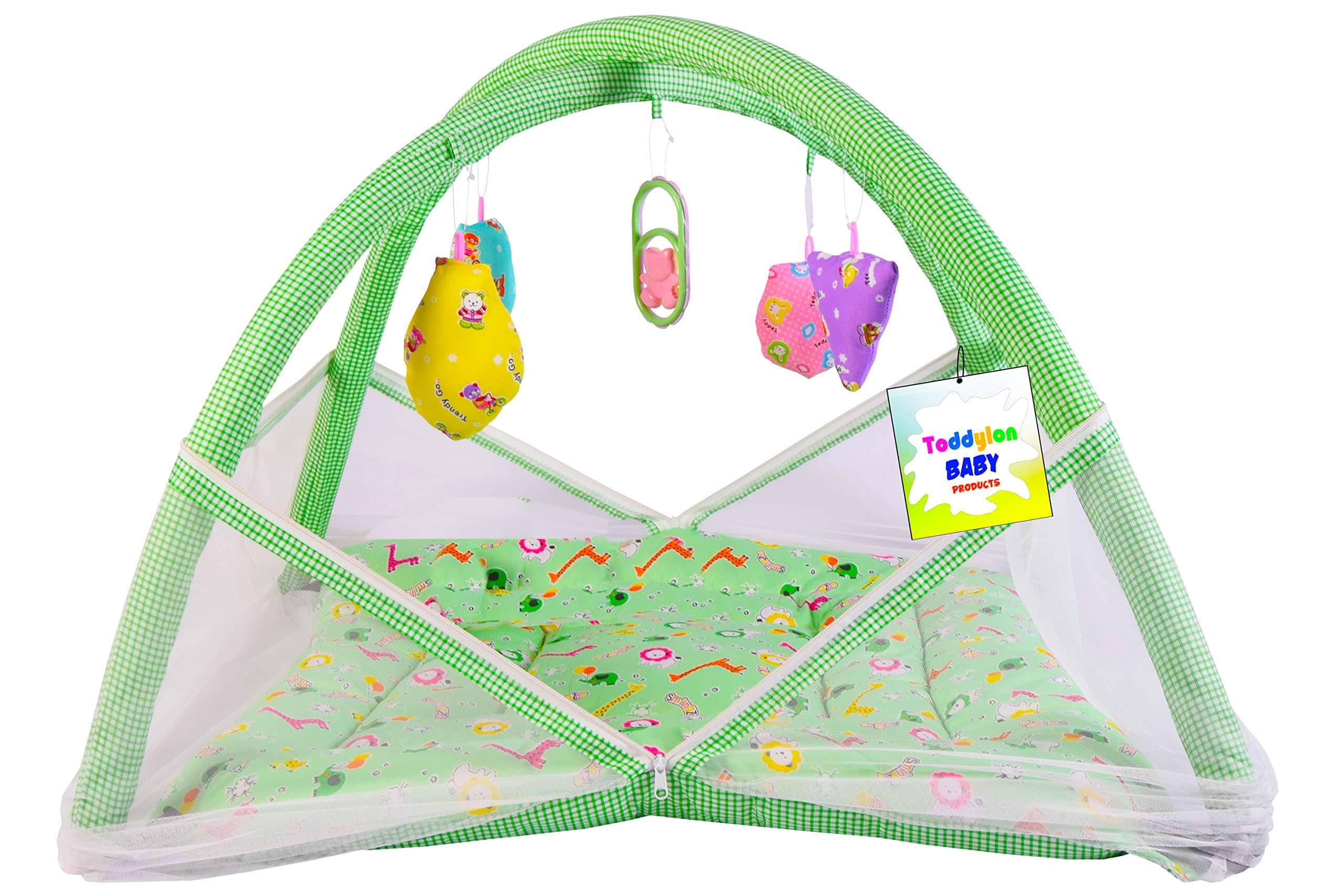 Baby Play Gym New Born Baby Bedding|Mat with Hanging Toys|Mattress with Mosquito Net|Cotton Playing Mat|Playmats & Floor Gyms (0-6 Months) Green,1 Count