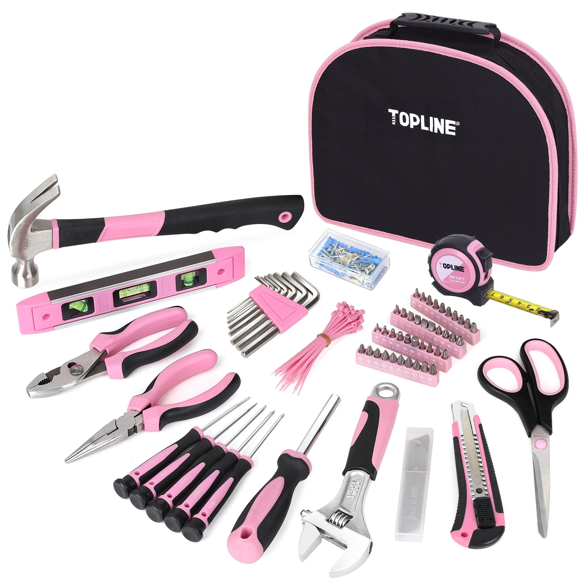 TOPLINE 208-Piece Pink Tool Kits for Women with Round Pouch, Small Tools Kit for Apartment, Home, Household Ladies Pink Tool Set for Best Gifts and Home Maintenance