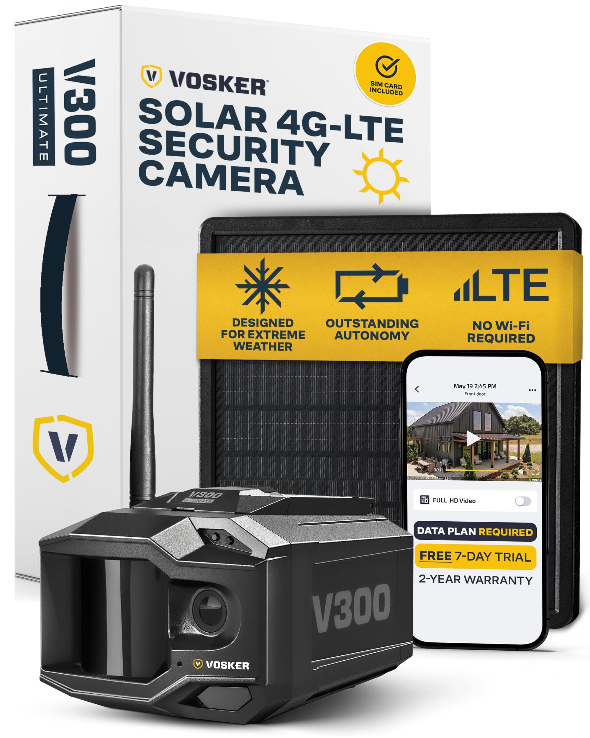 Vosker V300 Ultimate 4G-LTE Autonomous Outdoor Security Camera | High-Capacity 15,000 mAh External Solar Power Bank | SIM Card Included | No WiFi Needed | Live Streaming