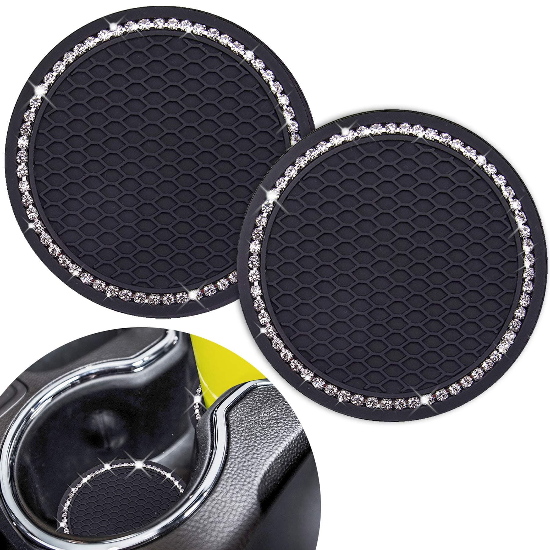 Cute Car Cup Coaster 2PCS Universal Vehicle Cup Holder Insert Coaster 2.75 inch Silicone Anti Slip Bling Crystal Rhinestone Auto Car Accessories for Women & Lady (Black background with white diamond))