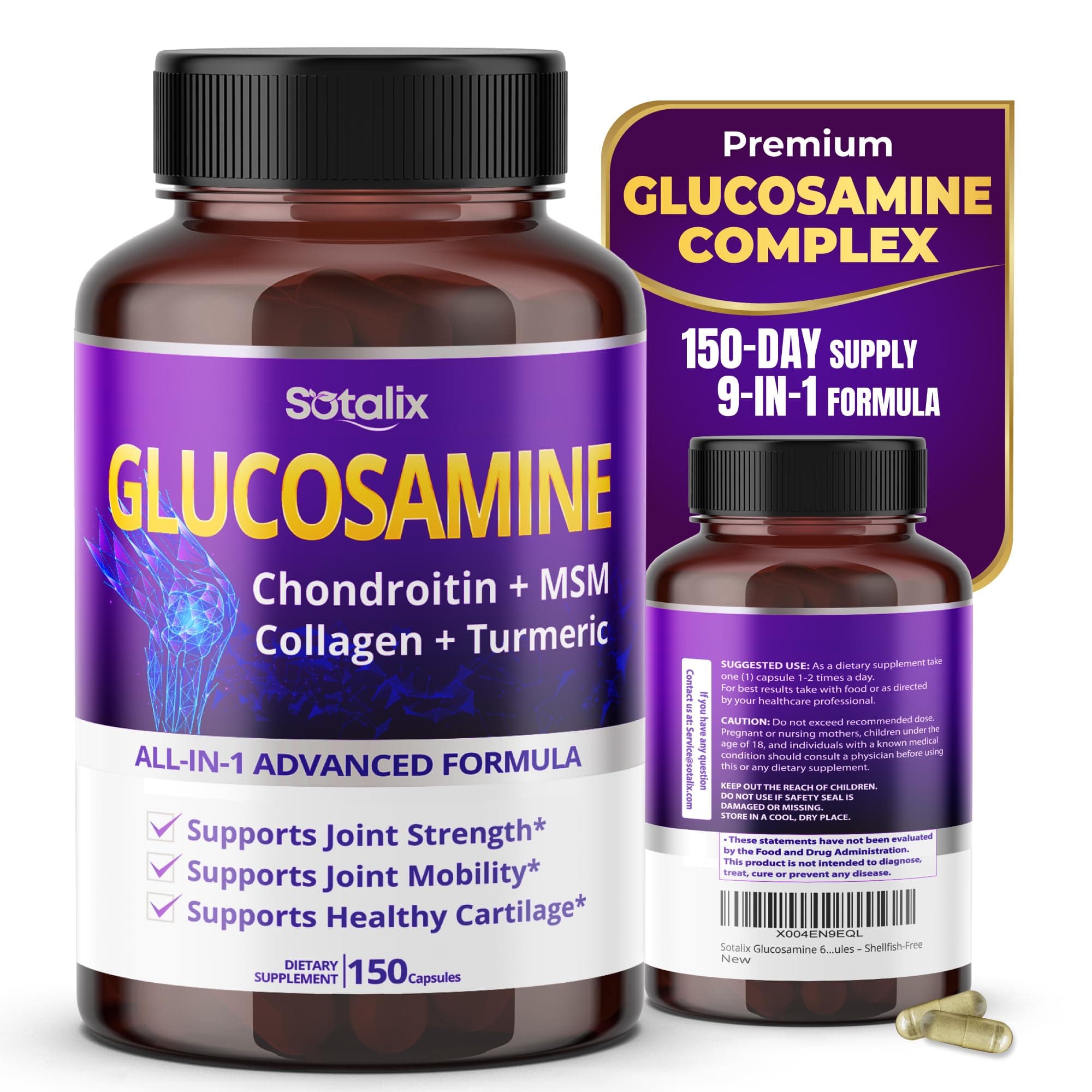 Sotalix Glucosamine 650mg – All-in-1 Joint Support with Chondroitin, MSM, Collagen, Turmeric, Vitamin D3 & Hyaluronic Acid – 150 Capsules – Shellfish-Free
