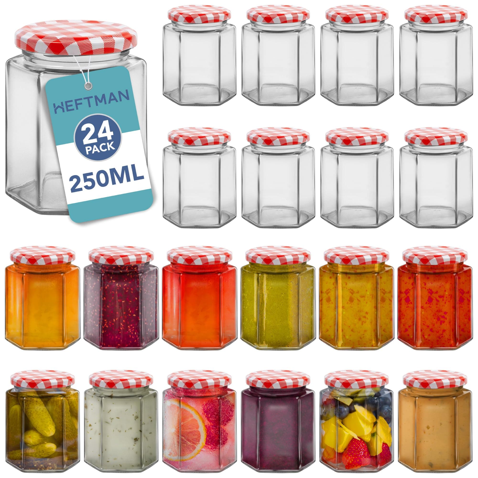 Small Glass Jars with Lids - 24 Pack Airtight 250ml Jam Jars with Red Gingham Lids for Use as Pickle Jar, Jams, Honey, Candle Making, Preserving, Food Storage - Hexagonal Shape (Empty)