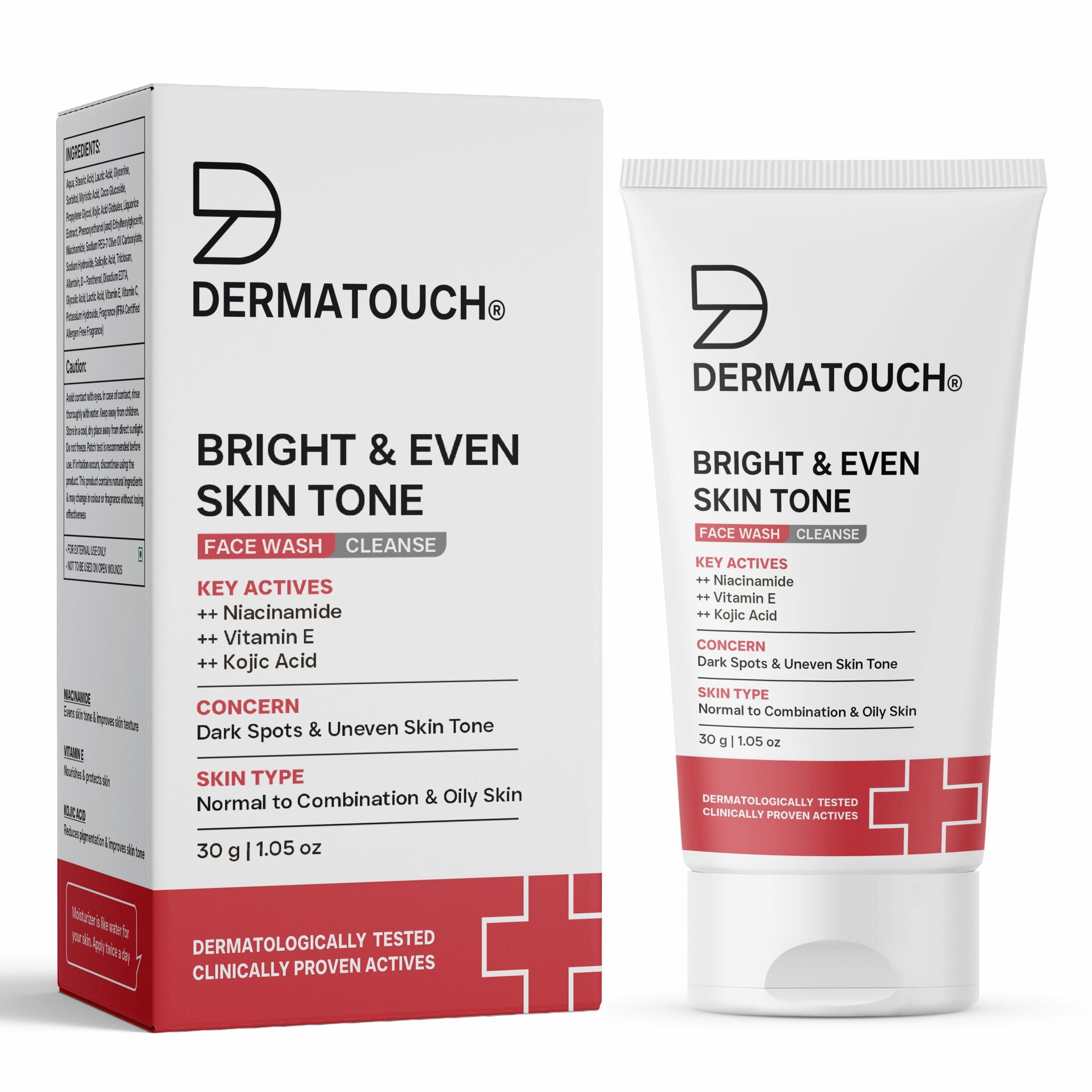 DERMATOUCH Bright & Even Tone Face Wash with Niacinamide, Vitamin E and Kojic Acid | Daily Gentle Face Wash For Tan, Pigmentation, Uneven Tone | 30g