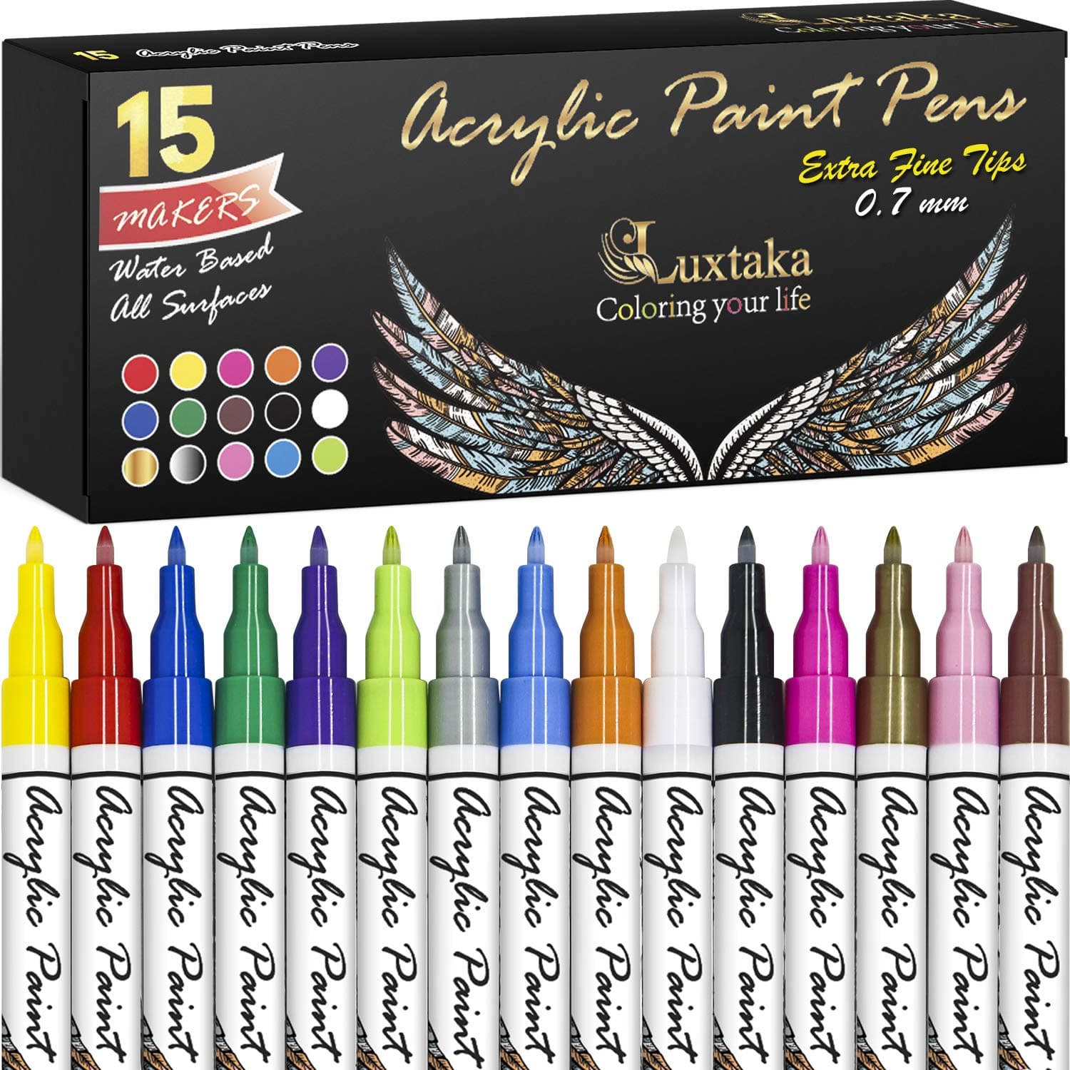 Luxtaka 15 Aсrуlіс Pens for Rock Painting, Stone, Ceramic, Glass, Wood, Scrapbooking, Metal, Canvas and Fabric with 07mm Extra Fine Tip Markers for Adult Coloring