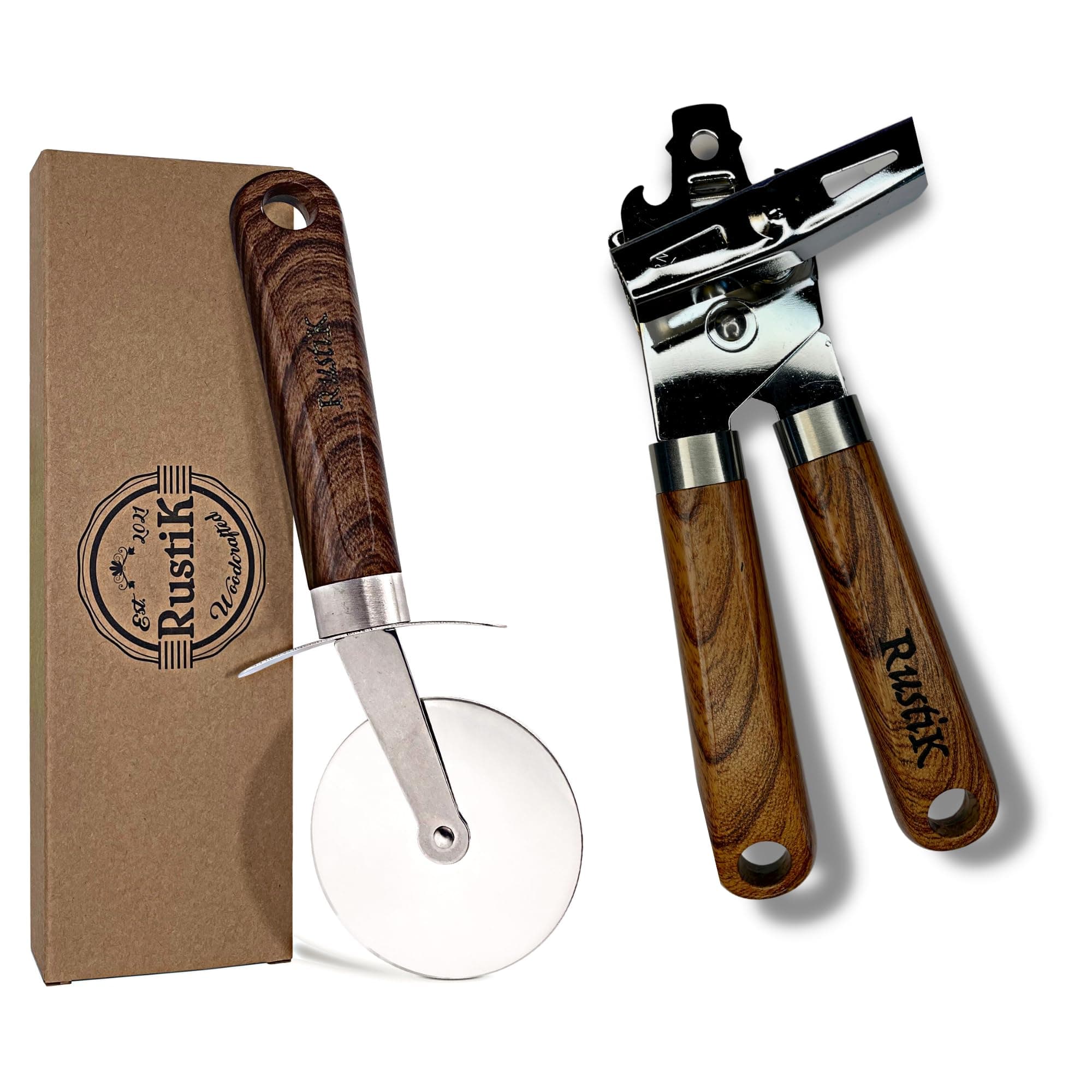 Tin Opener and Pizza Cutter by RustiK - Food Grade Stainless Steel with Recyclable, Non Slip Rustic Ergonomic Handle.