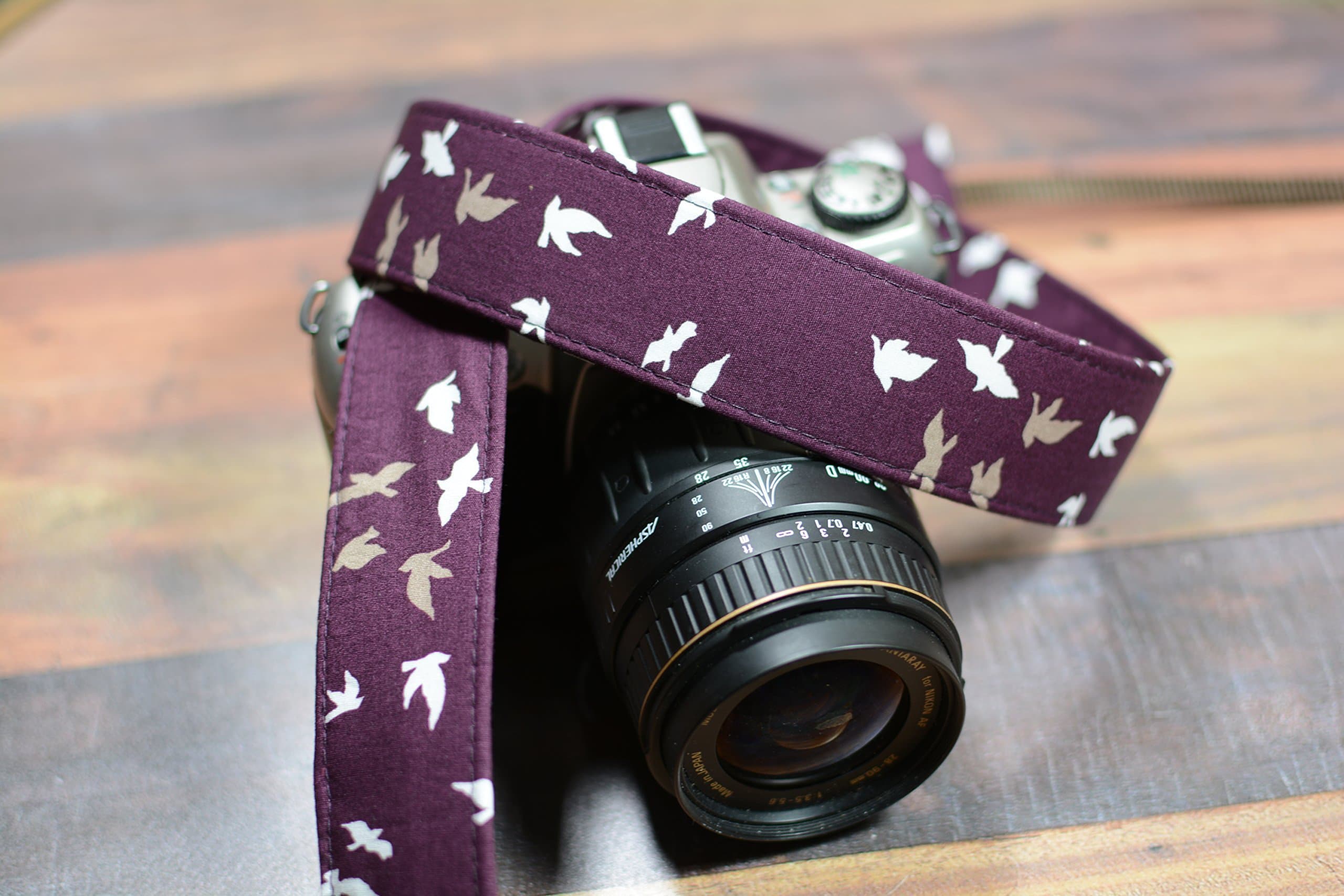 Taupe and White Birds on Plum - dSLR Camera Strap