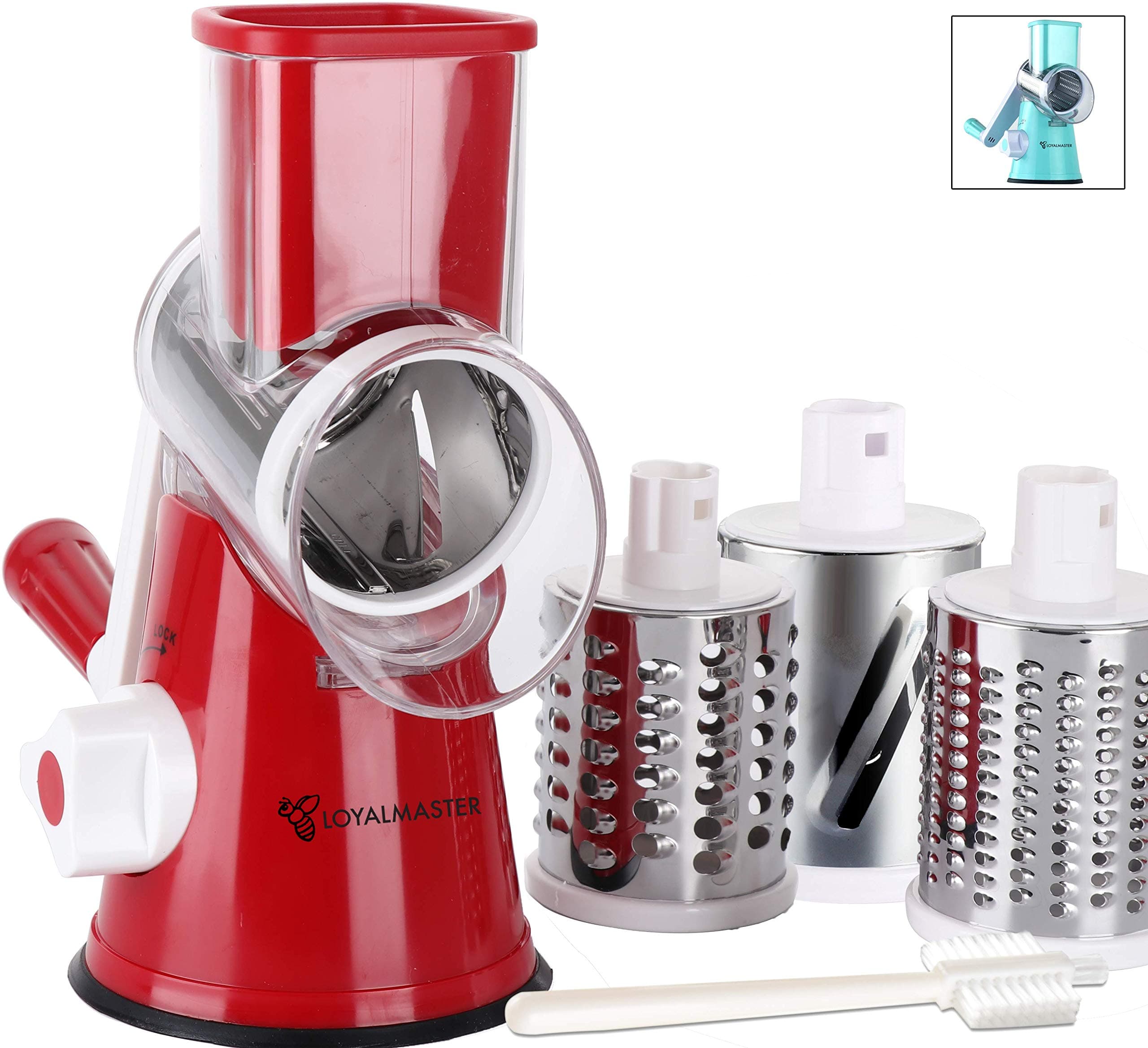 Manual Cheese Shredder Rotary Mandoline - Round Drum Grater Vegetable Slicer - Easy to Clean Hand Crank for Walnuts, Potato, Nut Grinder -3 Drums - Strong Suction Base and Cleaning Brush