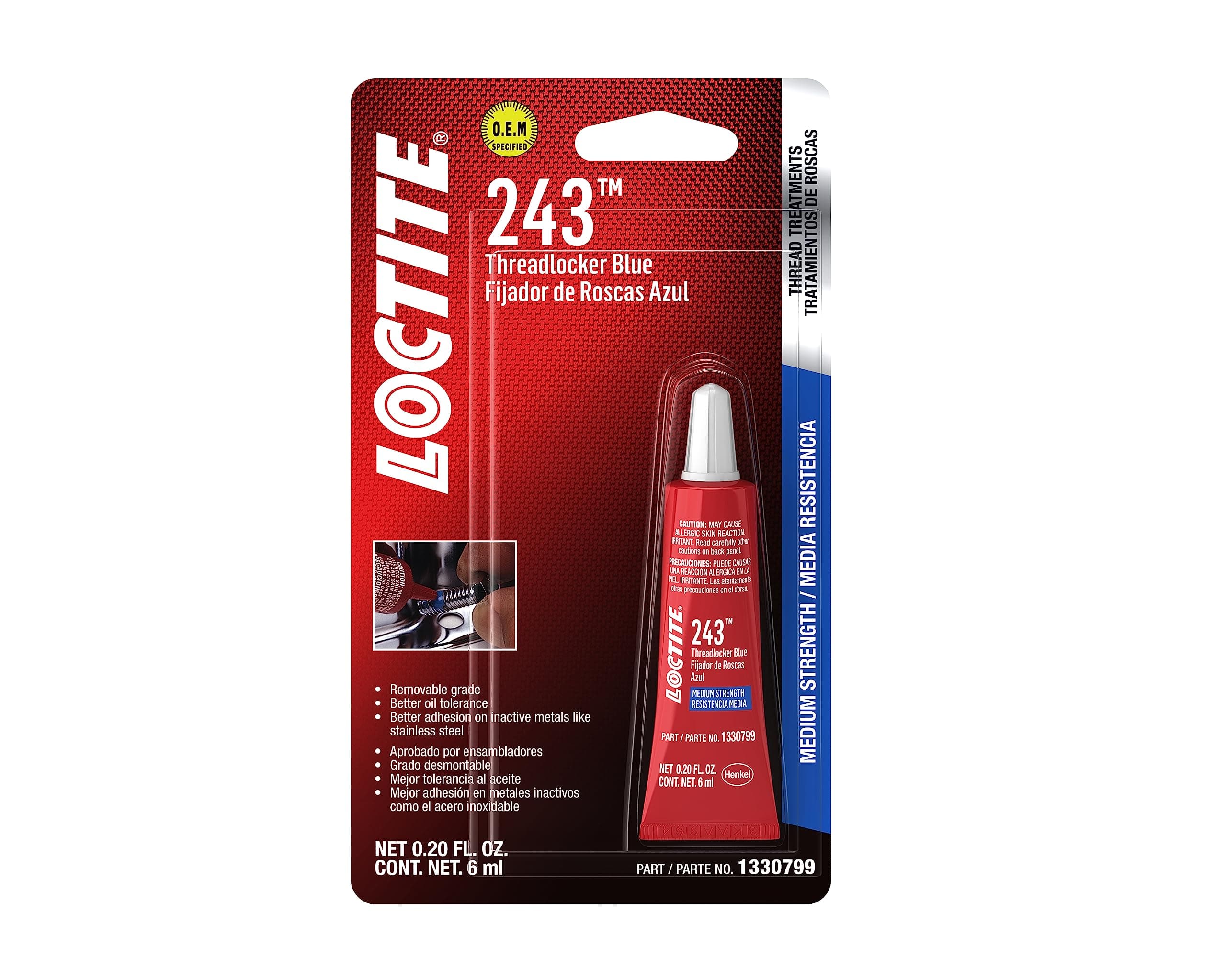 LOCTITE 243 Threadlocker for Automotive: Medium-Strength, Oil Tolerant, High-Temperature, Anaerobic, General Purpose | Blue, 6 ml Red Tube (PN: 1330799)