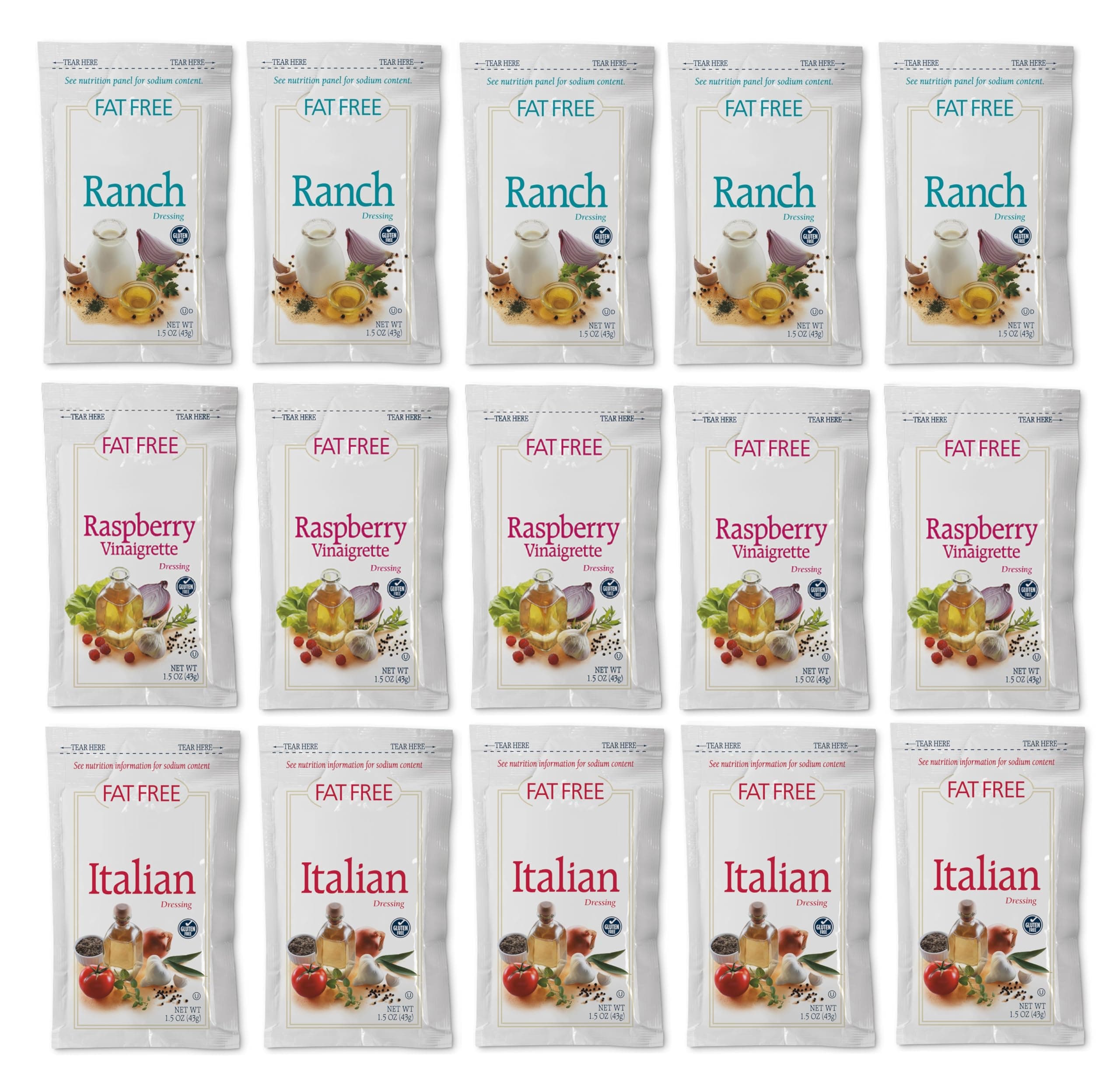 DASHER'S SPICE & BEANS Ken's Fat Free Ranch, Fat Free Raspberry Vinaigrette, & Fat Free Italian Portion Packets Salad Dressing 1.5 Oz - 15 Pack (5 Each)