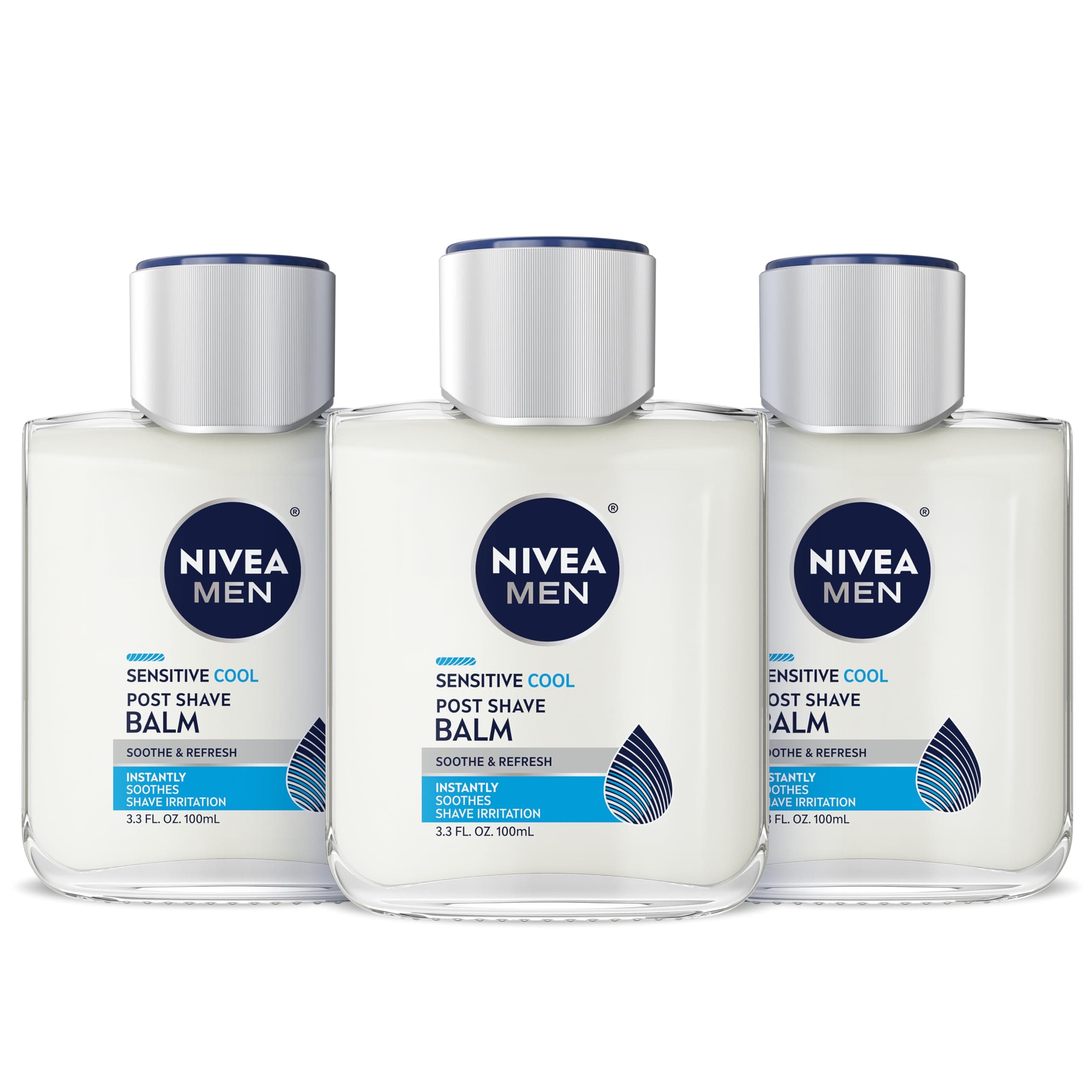 NIVEA MEN Sensitive Cool Post Shave Balm, Enriched with Chamomile and Seaweed Extracts, Alcohol Free After Shave Balm for Men, 3.3 Fl Oz Bottle, Pack of 3