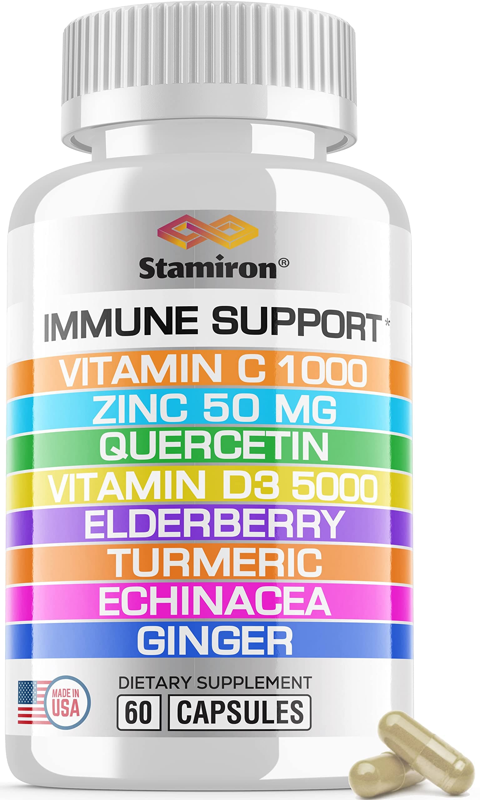 Immune Support Defense Booster Supplement 8 in 1 Zinc 50mg Quercetin Vitamin D3 5000 IU Vitamin C 1000mg Elderberry Turmeric Ginger - Immunity Boost for Adults Gluten-Free Vegan Friendly - 60ct USA
