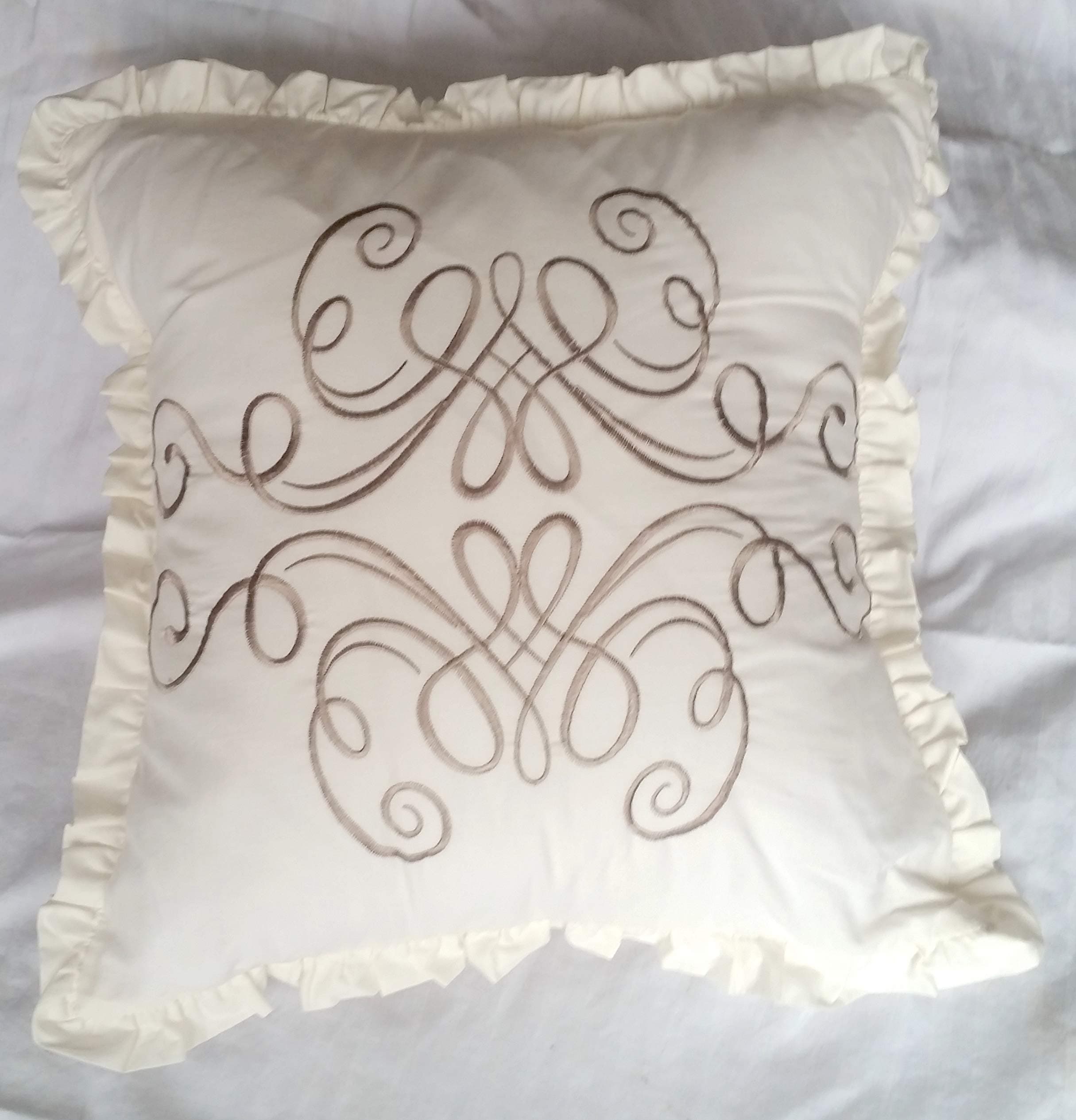 18 x 18 Pillow Sham | Throw Pillow Cover | 1 Inch Ruffle Embroidered Scroll Design | Light Cream