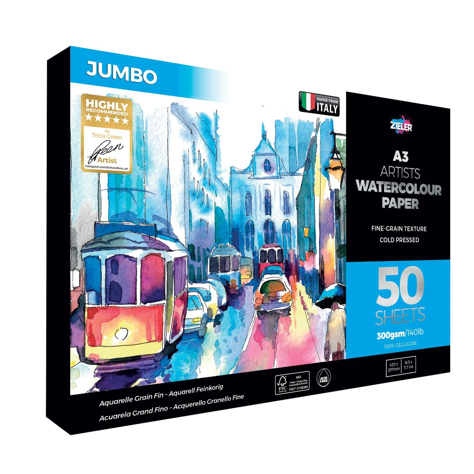 Zieler Jumbo Fine-Grain Textured Watercolour Paper A3 Pad - by ® 50 Sheets, 300gsm / 140lb, A3 Landscape. Ideal for Soaking & Masking. Made in UK – FSC Mix & Acid Free. Includes Starter tip Sheet (A3)