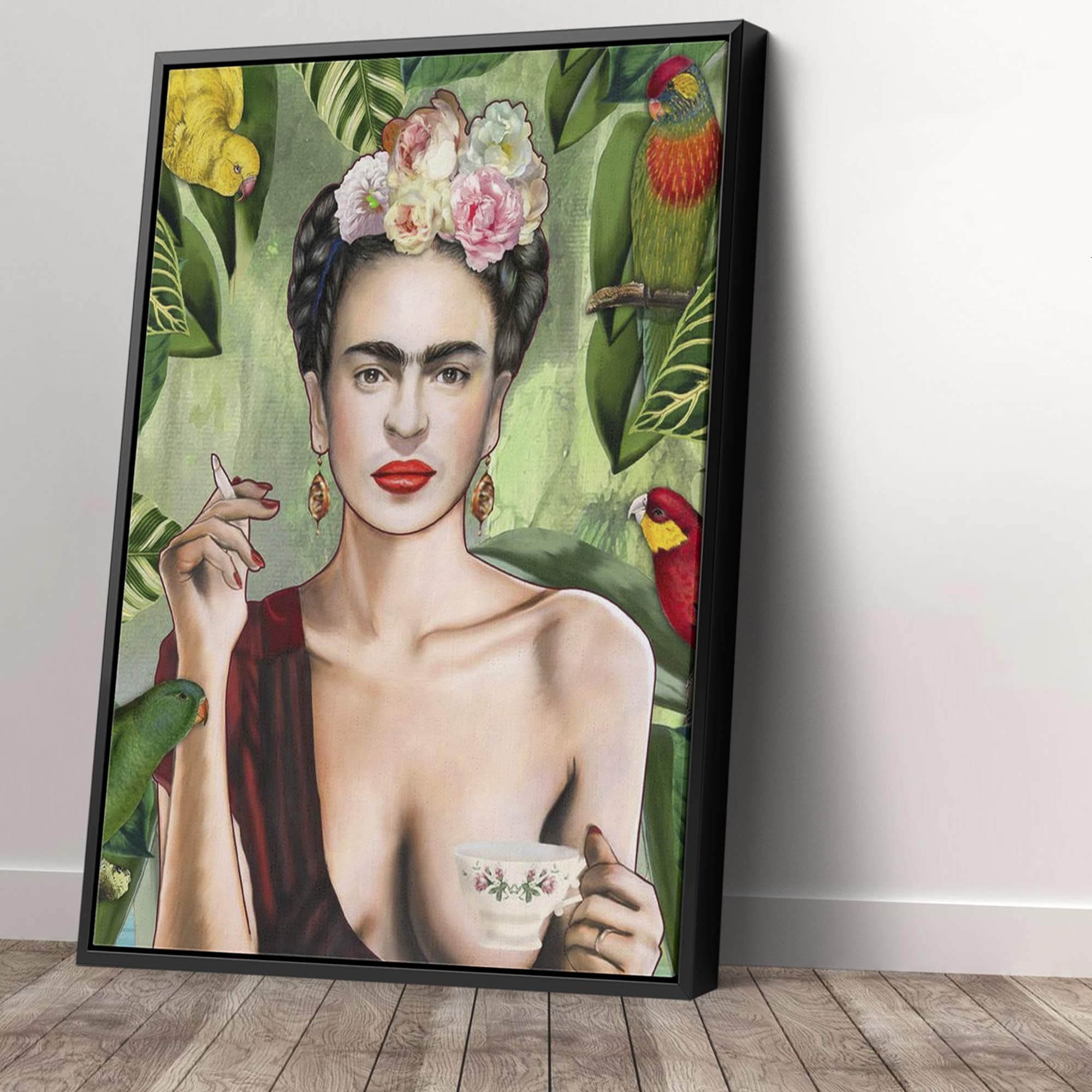 Frida Kahlo Con Amigos - Tea Cup & Birds Jungle & Frida Kahlo Canvas Art Wall Art Home Decor (24in x 36in Modern Black Framed, Frida Kahlo Con Amigos)