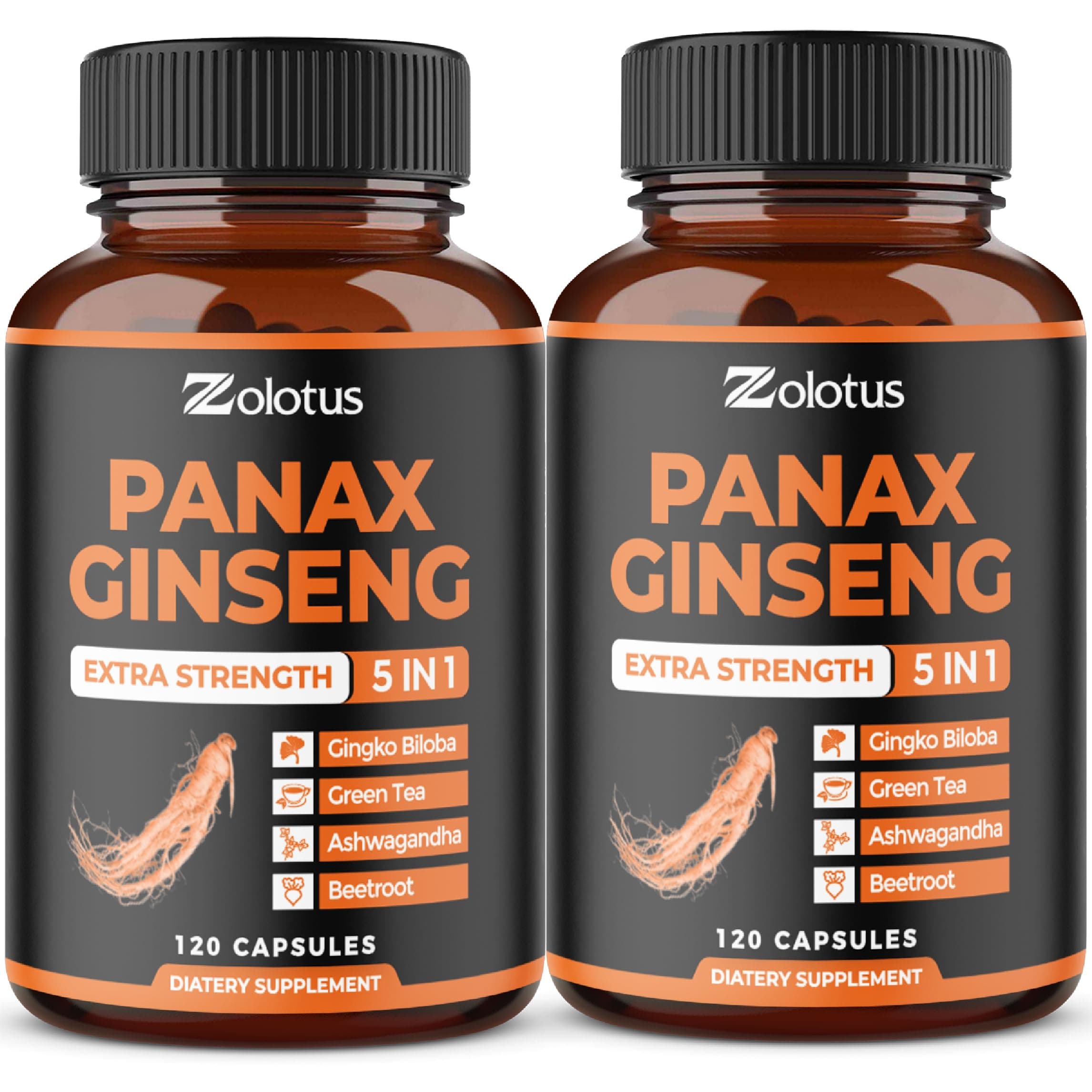 Korean Red Panax Ginseng + Ginkgo Biloba, Ashwagandha, Beetroot, Green Tea - 120 Capsules (Pack of 2)