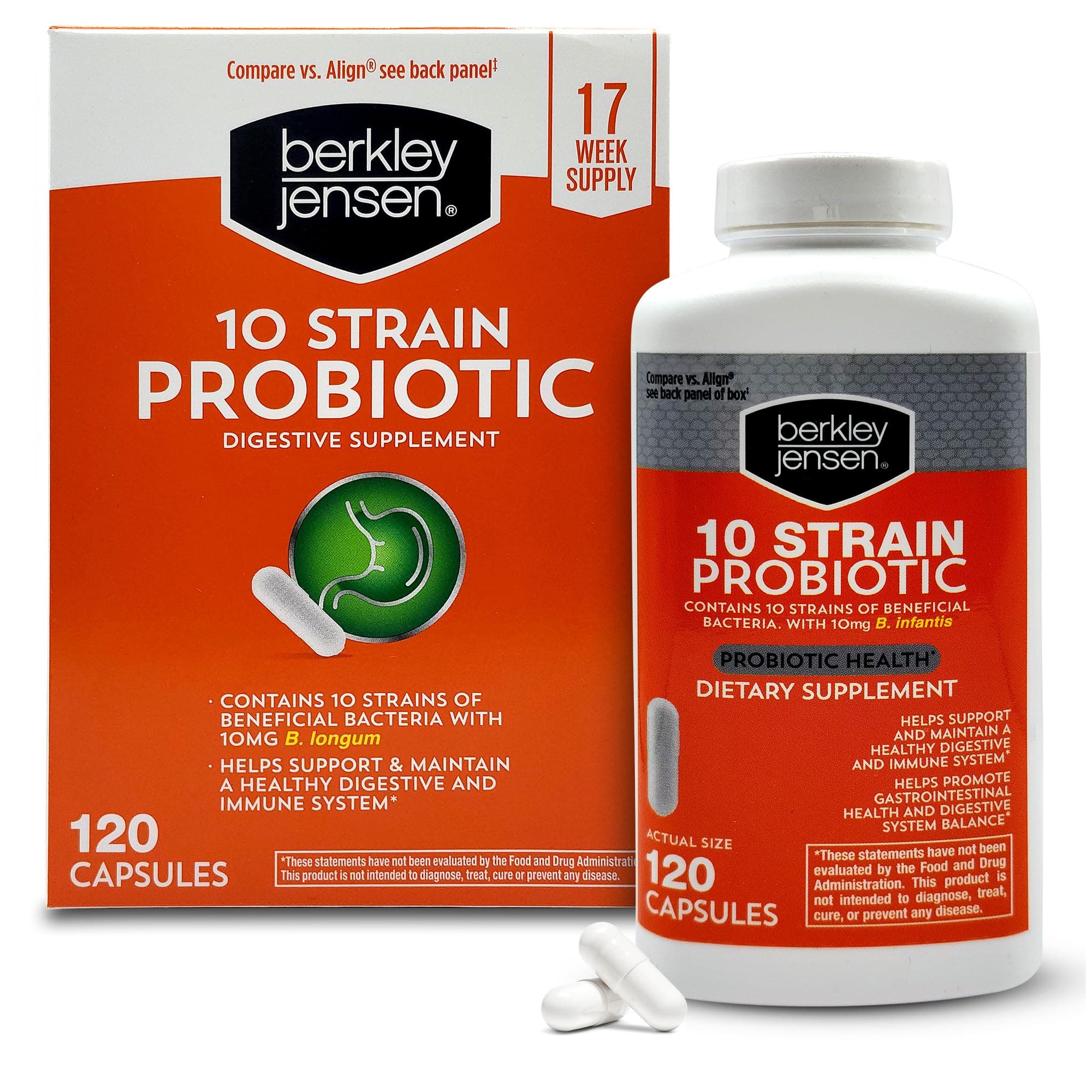 Natural 10 Strain Probiotic Supplement Capsules with 10mg B. Longum, Loaded with Live Strains & Beneficial Gut Flora, for Digestive & Immune Health - 17-Week Supply, 120 Ct