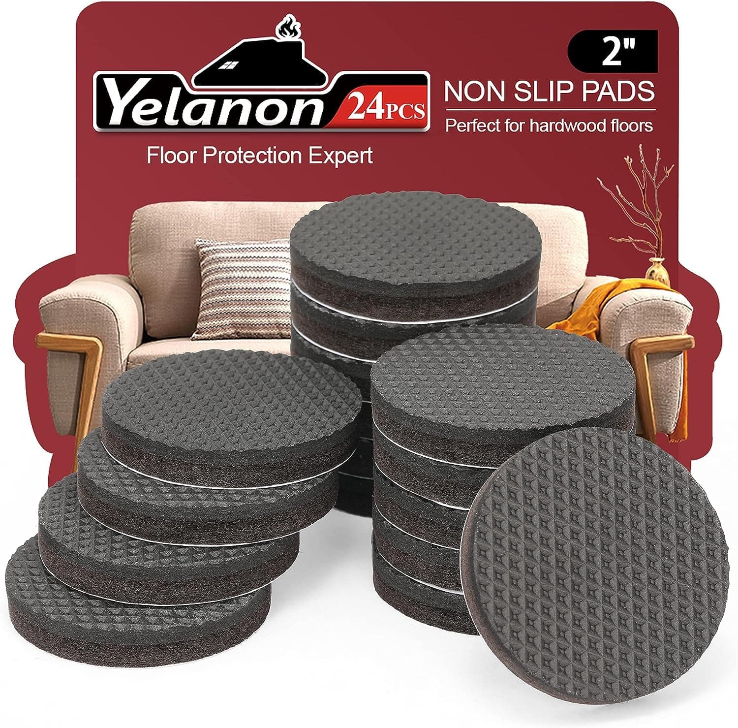 Yelanon Non Slip Furniture Pads - 24pcs 50mm Furniture Grippers, Non Skid Self Adhesive Rubber Feet Furniture Feet,Anti Slide Furniture Hardwood Floors Protectors for Keep Couch Stoppers