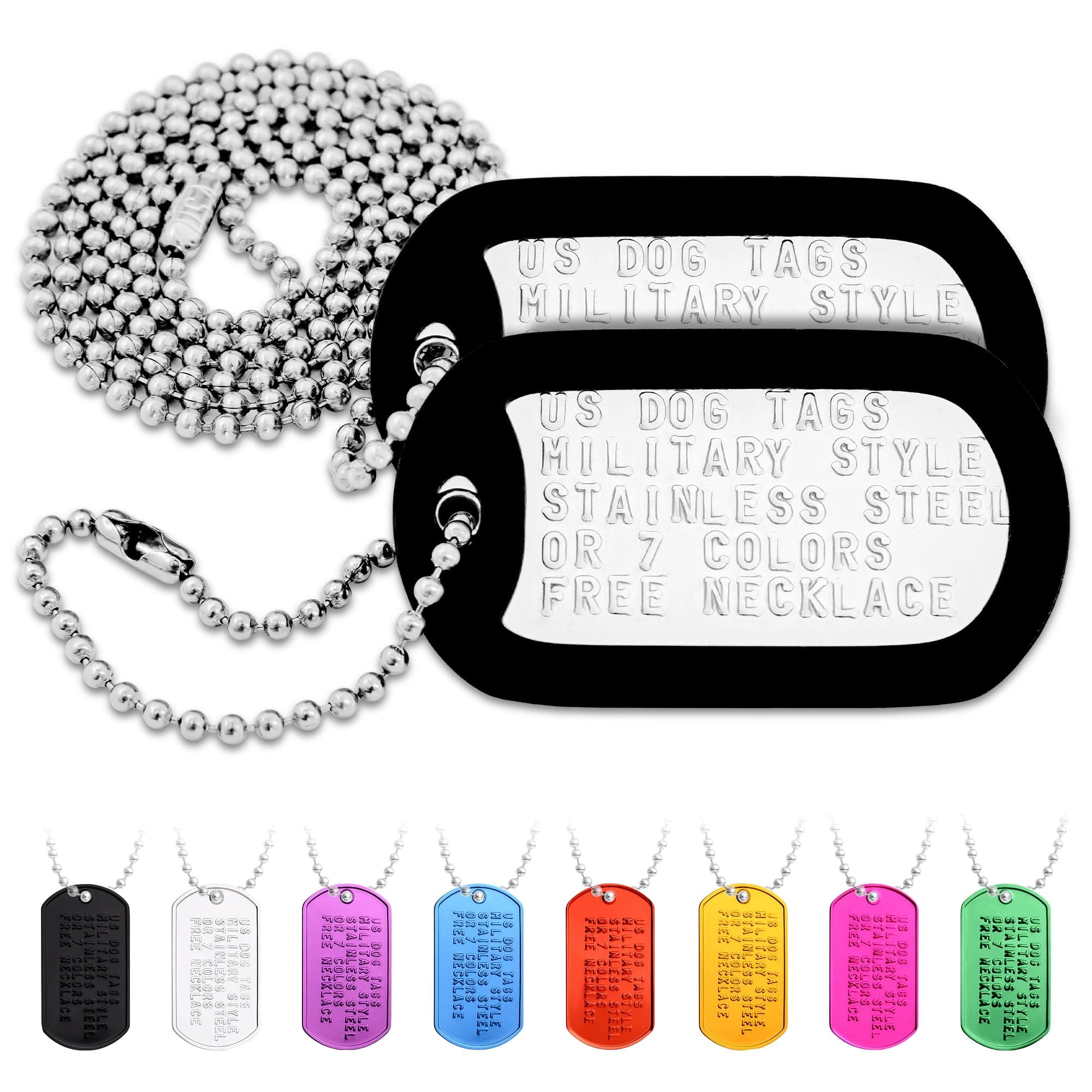 Custom US Military Dog Tags - Includes Two Personalized ID Tags Complete with Steel Chains and Silencers. 8 Color Options Available: Stainless Steel, Black, Blue, Green, Gold, Pink, Purple, or Red.