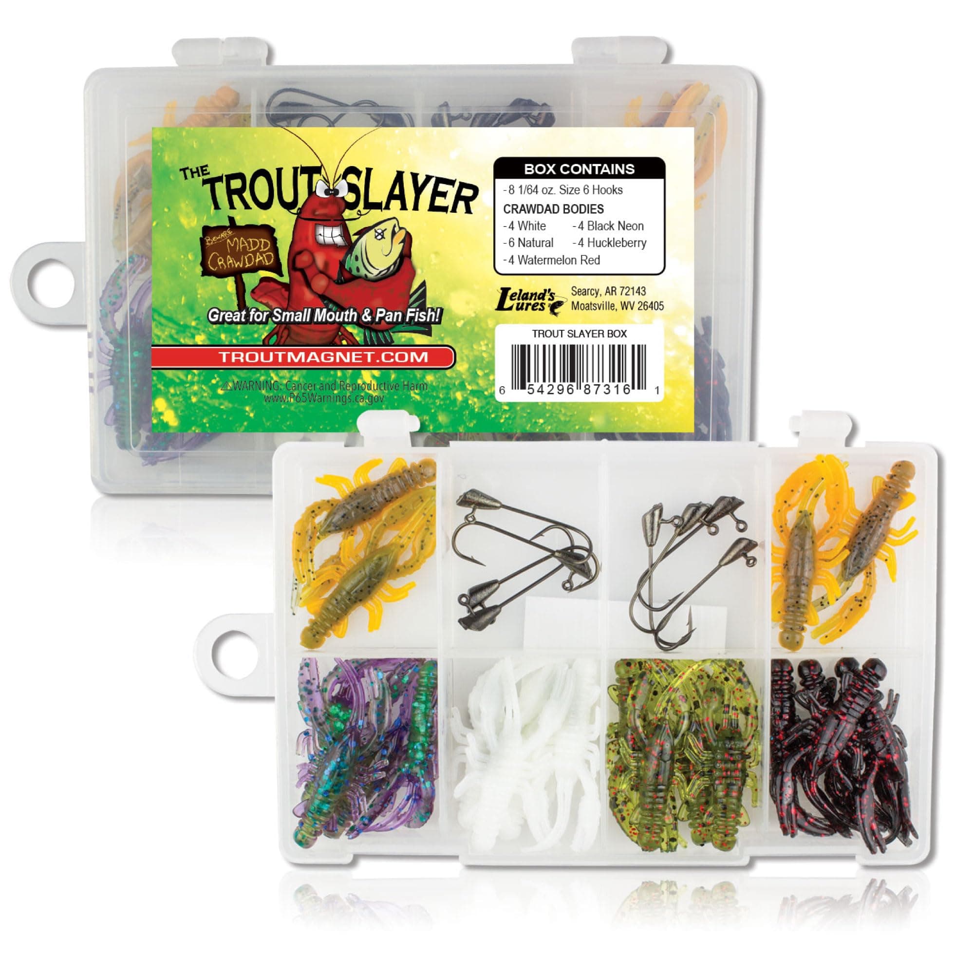Trout Slayer 28 Piece Fishing Kit, Includes 20 Crawdad Bodies and 8 Size 6 Long Shank Hooks, Great for Small Streams and Lakes, Catches All Species, White