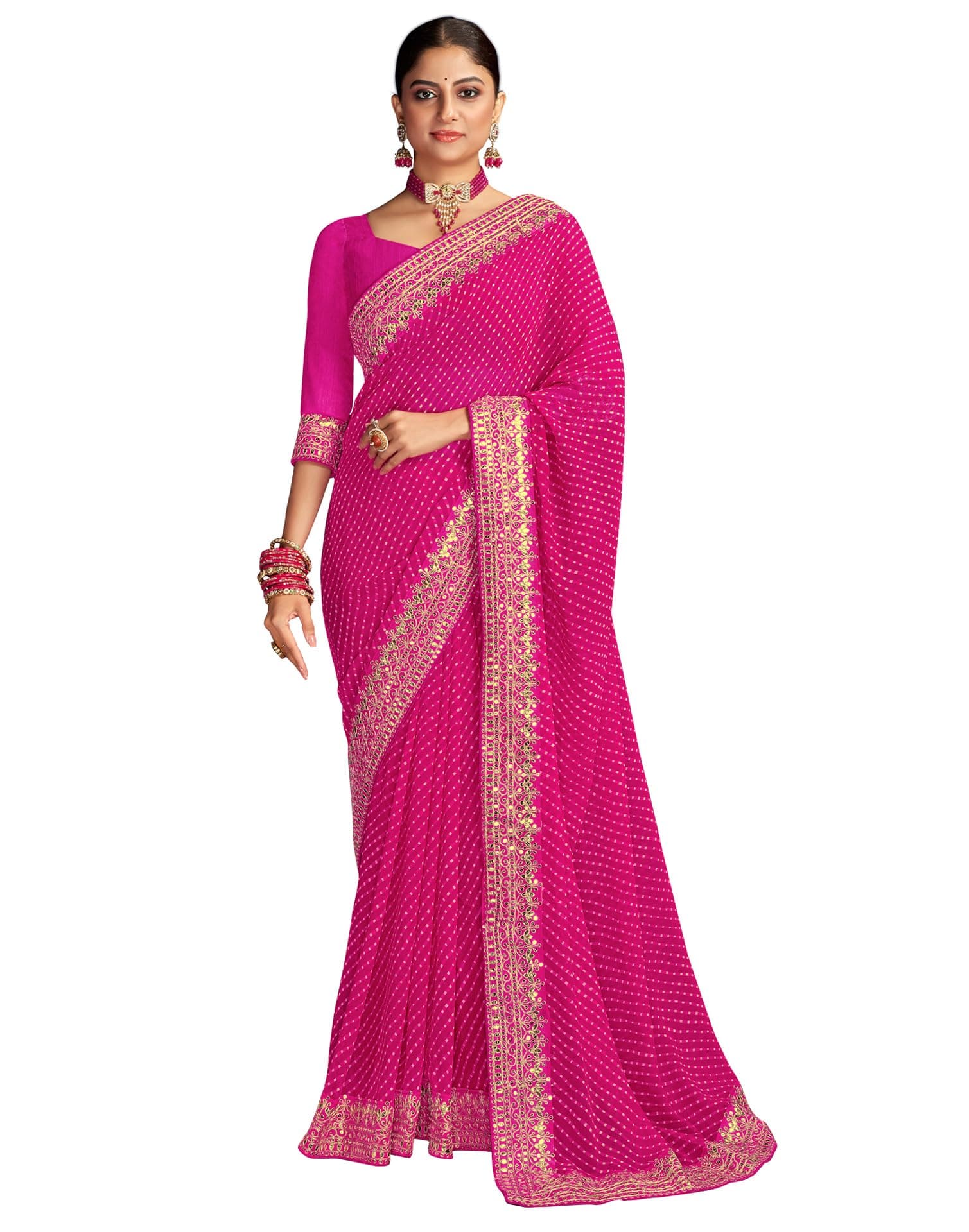 Women's Bandhani Printed Embroidery Lace Georgette Saree with Unstitched Blouse Piece