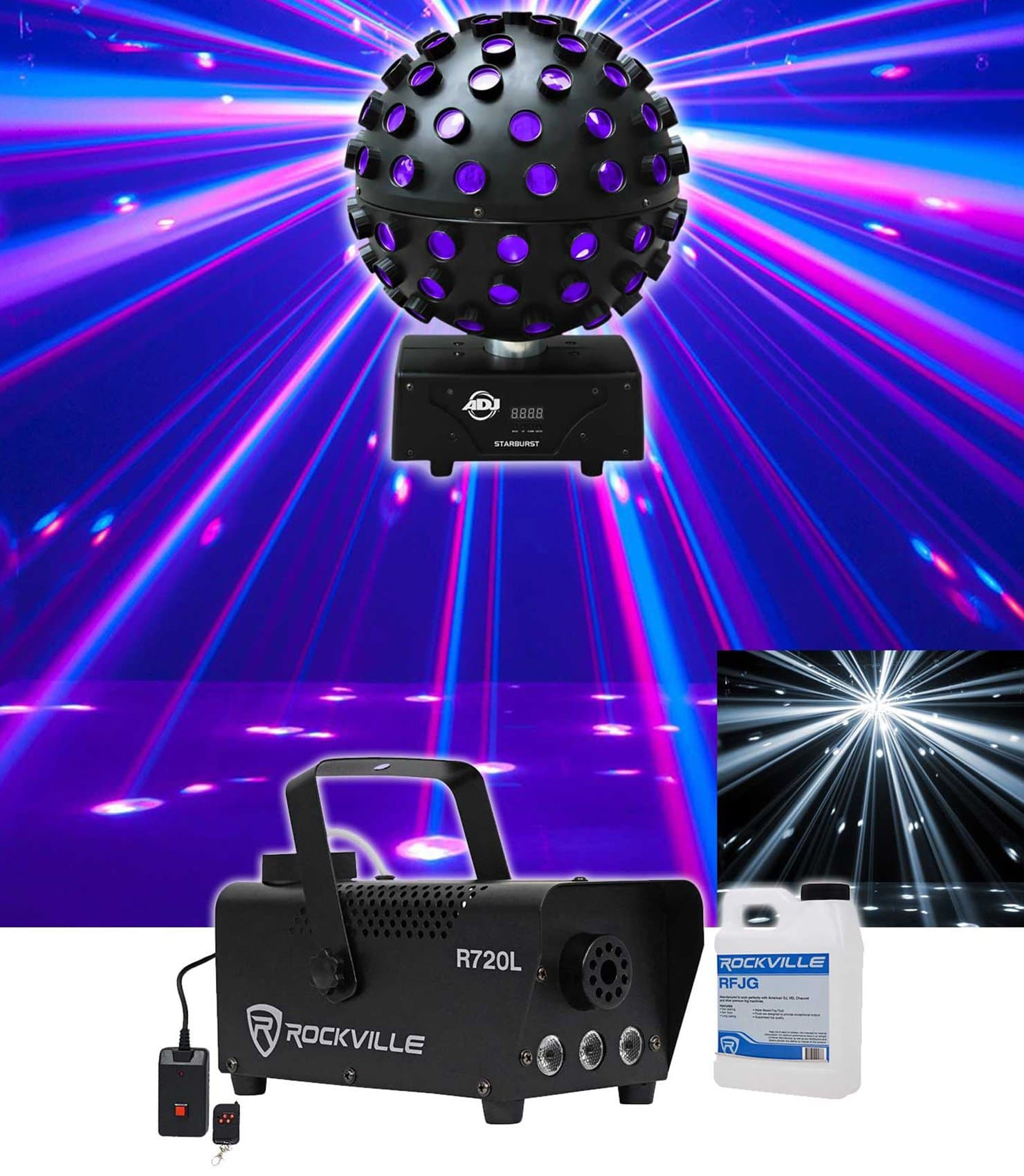 American DJ ADJ Starburst LED Sphere Shooting Beam Lighting Effect+Fog Machine