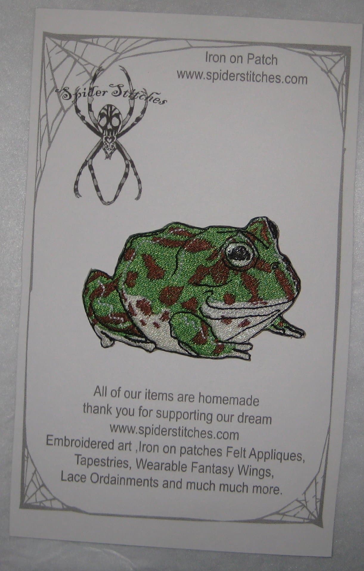 Green Pacman Horned Frog Iron on patch by Spider Stitches