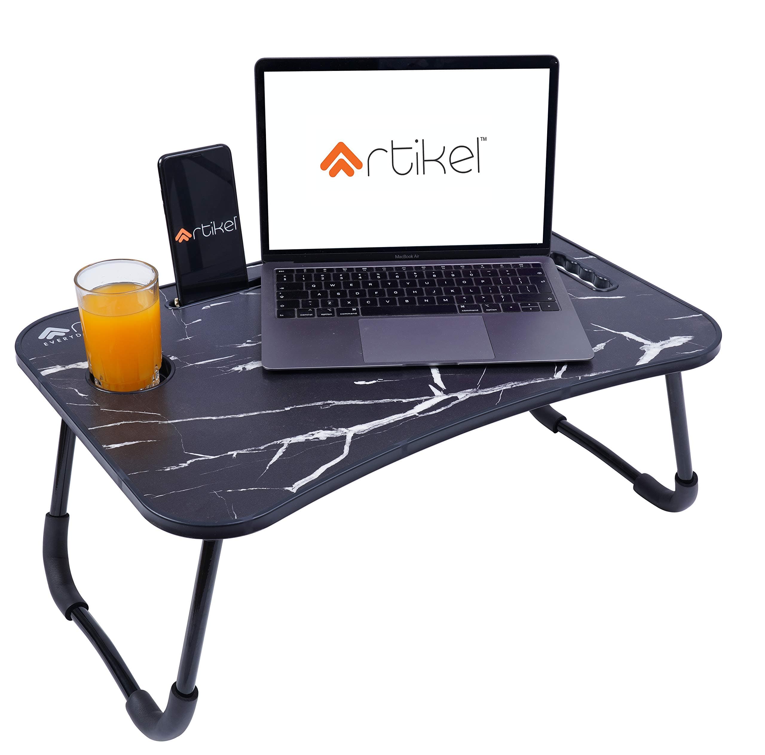 Artikel® Multi-Purpose Laptop Table with Dock Stand | Study Table | Bed Table | Foldable and Portable | Ergonomic & Rounded Edges | Non-Slip Legs | Engineered Wood | Ergo Series | Black Marble Wood
