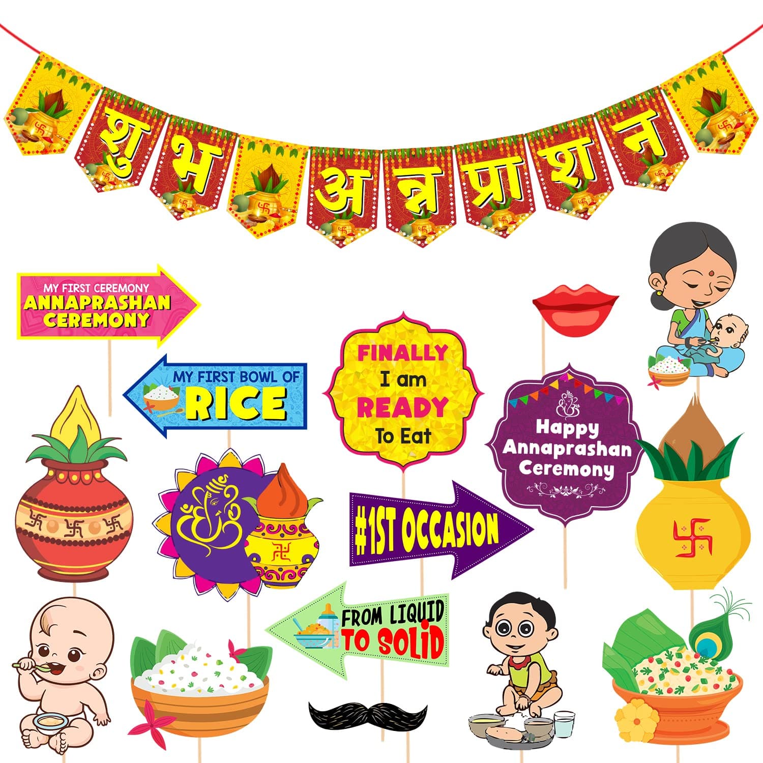Annaprasanam Photo Booth Props with Annaprasanam Paper Banner Hindi Font Shubh Annaprashan Yellow & Red Color Font/Rice Ceremony Decorations Items /(Pack of 17)