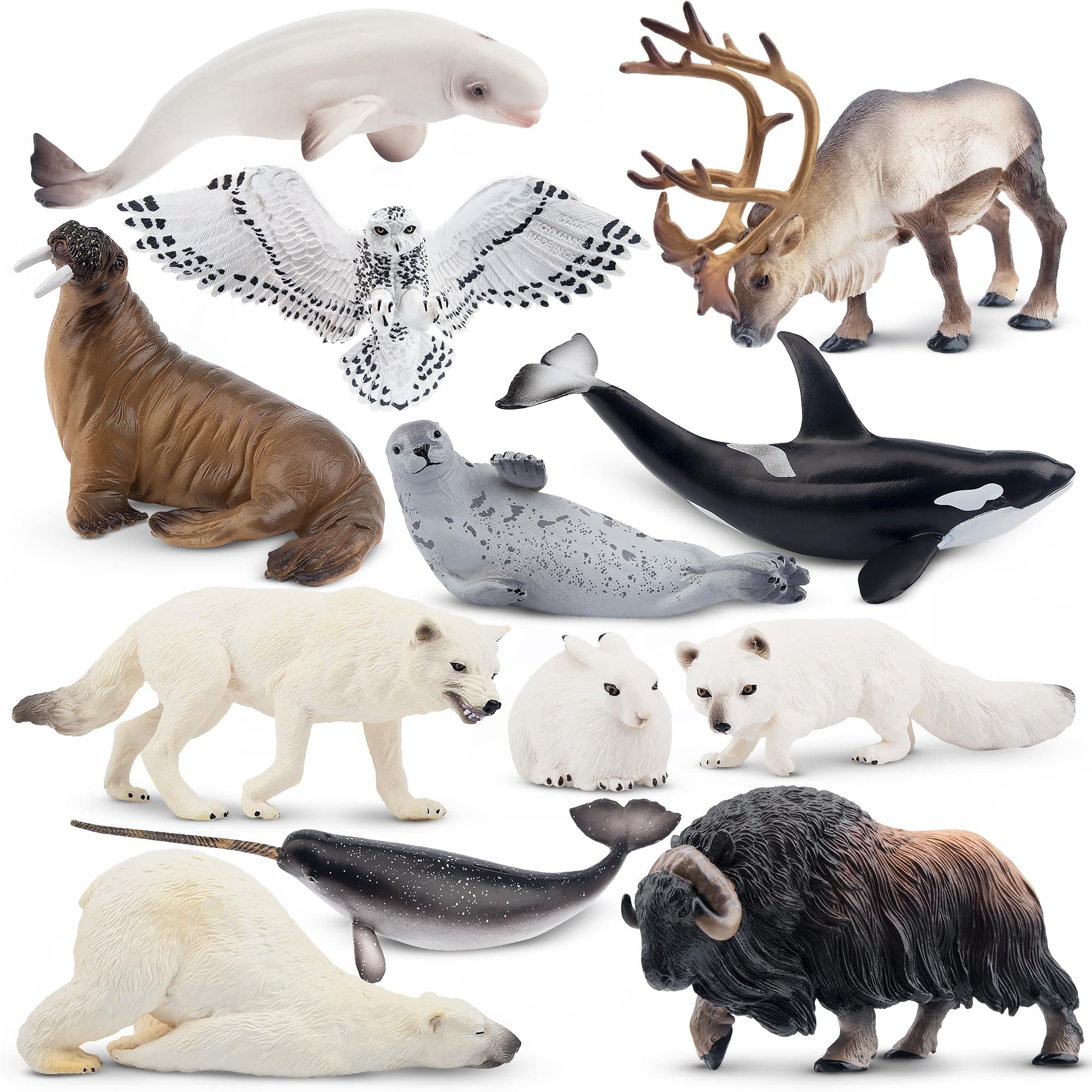 12PCS 4-7" Large Polar Animals Figurines, Plastic Arctic Animal Toy Preschool Set Includes Polar Bear,Caribou,Whales,Walrus, Cake Toppers Christmas Birthday Toys Gift for Kids Toddlers